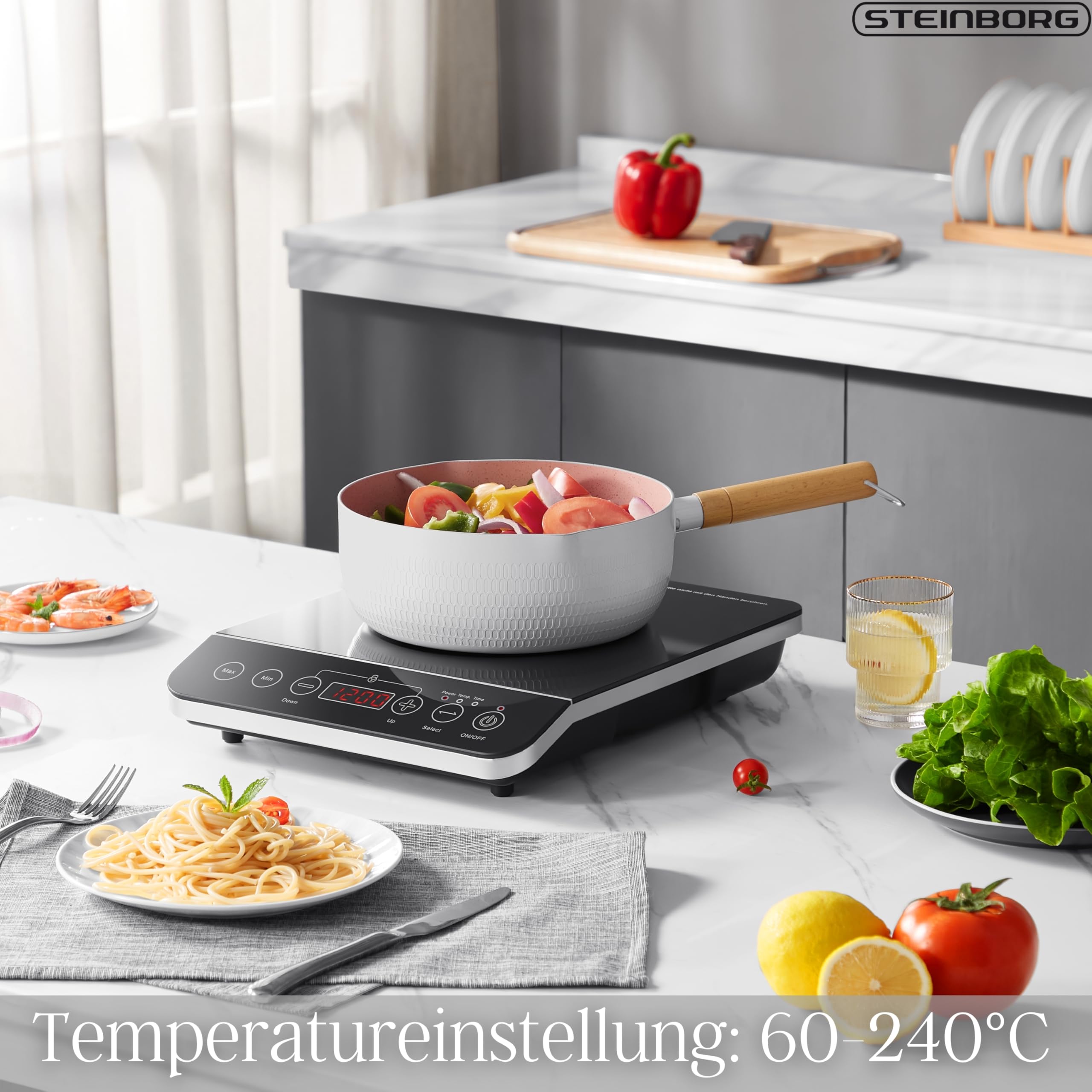 Steinborg® Induktionskochplatte Induktionskochfeld 1 Platte 2000 Watt Automatikprogramme Herdplatte Kochplatte Induktion Induktionsherd Touch Bedienfeld Kindersicherung Induktionsplatte