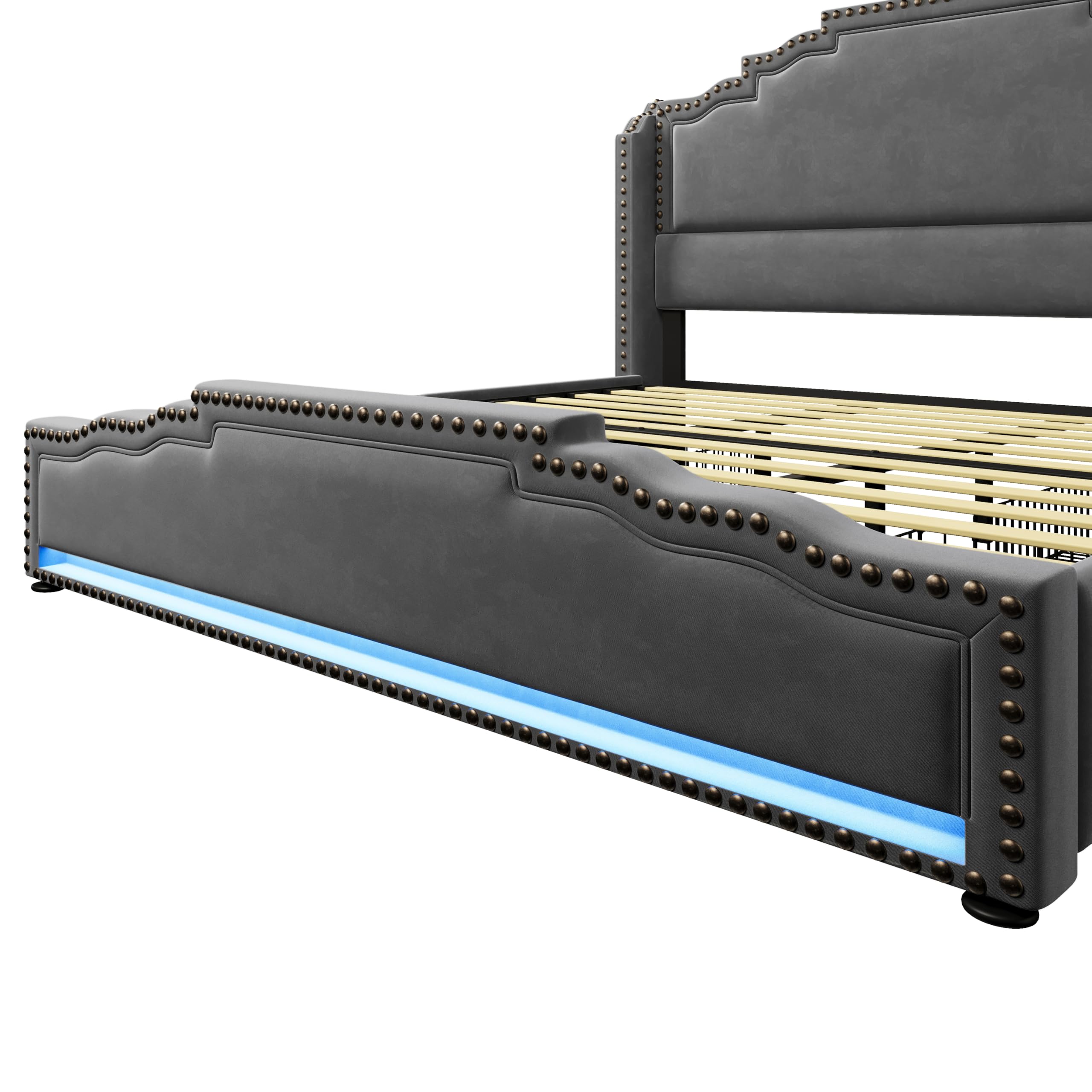 Merax Polsterbett 180x200cm Doppelbett Bettrahmen mit 4 Schublade, Gepolstertes Bett mit LED & USB-C-Ladeanschluss, Stauraumbett Funktionsbett mit Lattenrost, Samt, Retro-Stil, ohne Matratze, Grau