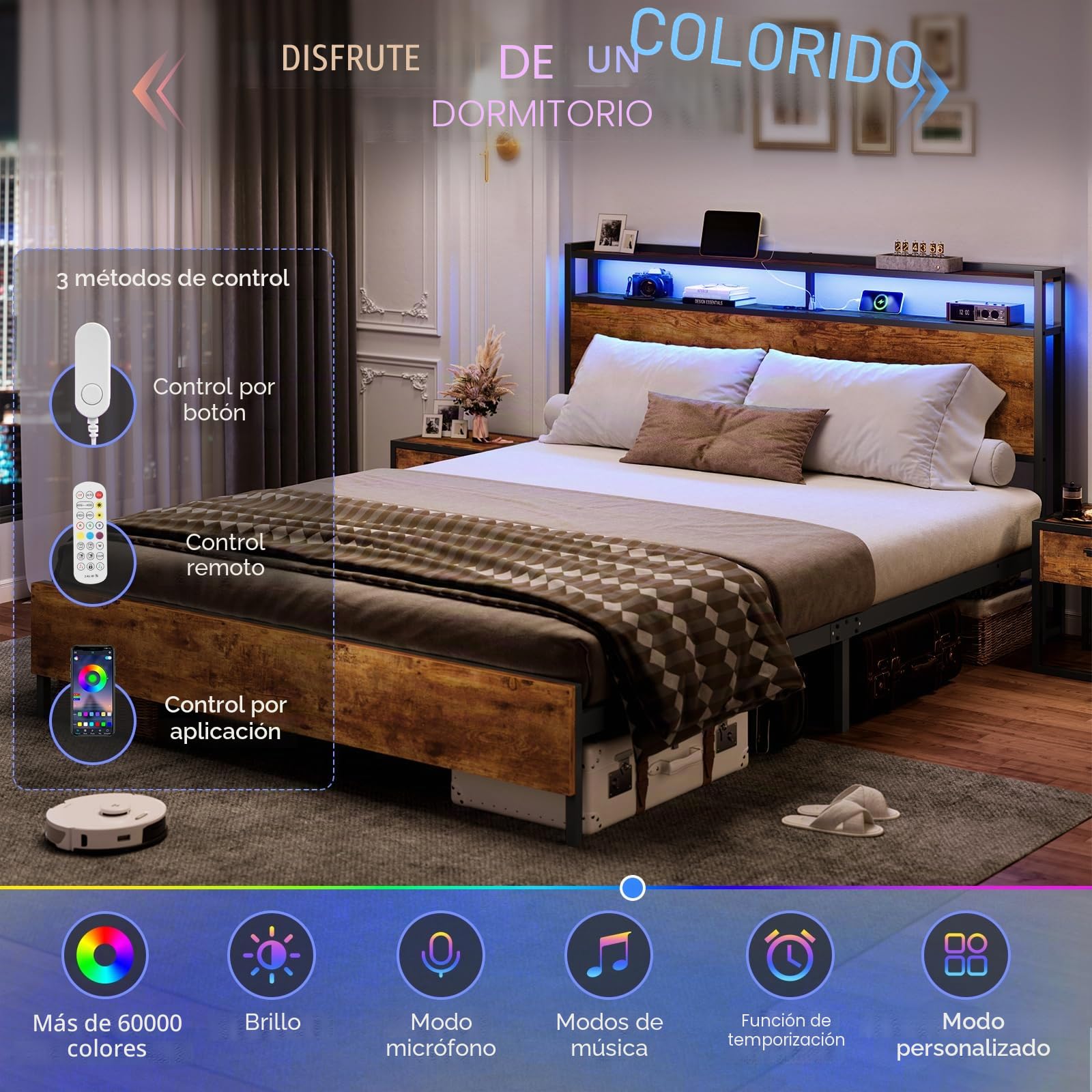 DICTAC Cama de 120 x 200 cm con iluminación LED, marco de cama con enchufe y función de carga USB, cama de metal de 120 x 200 cm con cabecero de madera, espacio de almacenamiento, estructura de cama
