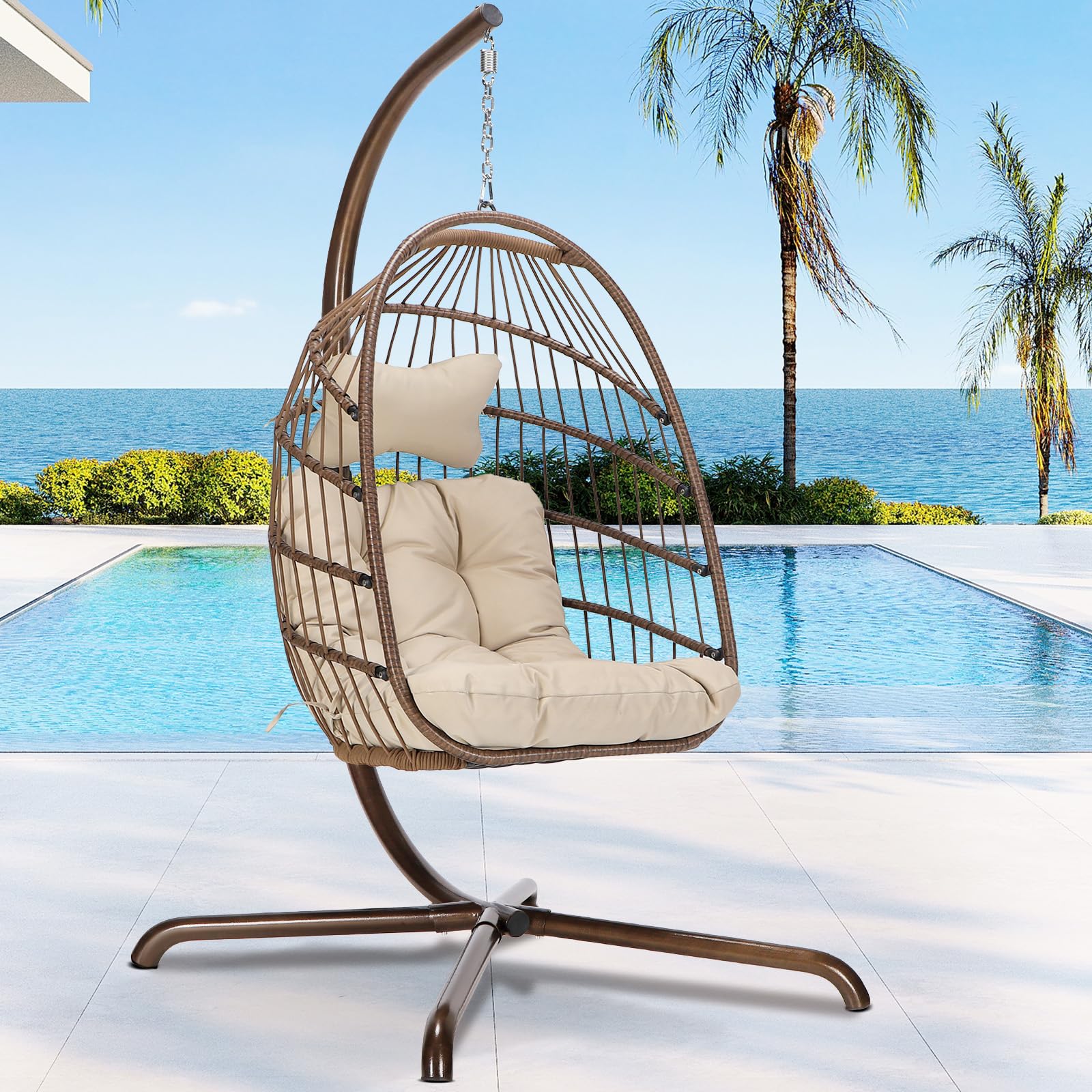 RADIATA Modern Hanging Egg Chair with Stand, Outdoor Wicker Swing Hammock Chair with Padded Cushion, 350Lbs Free-Standing Eggshell Basket Seat for
