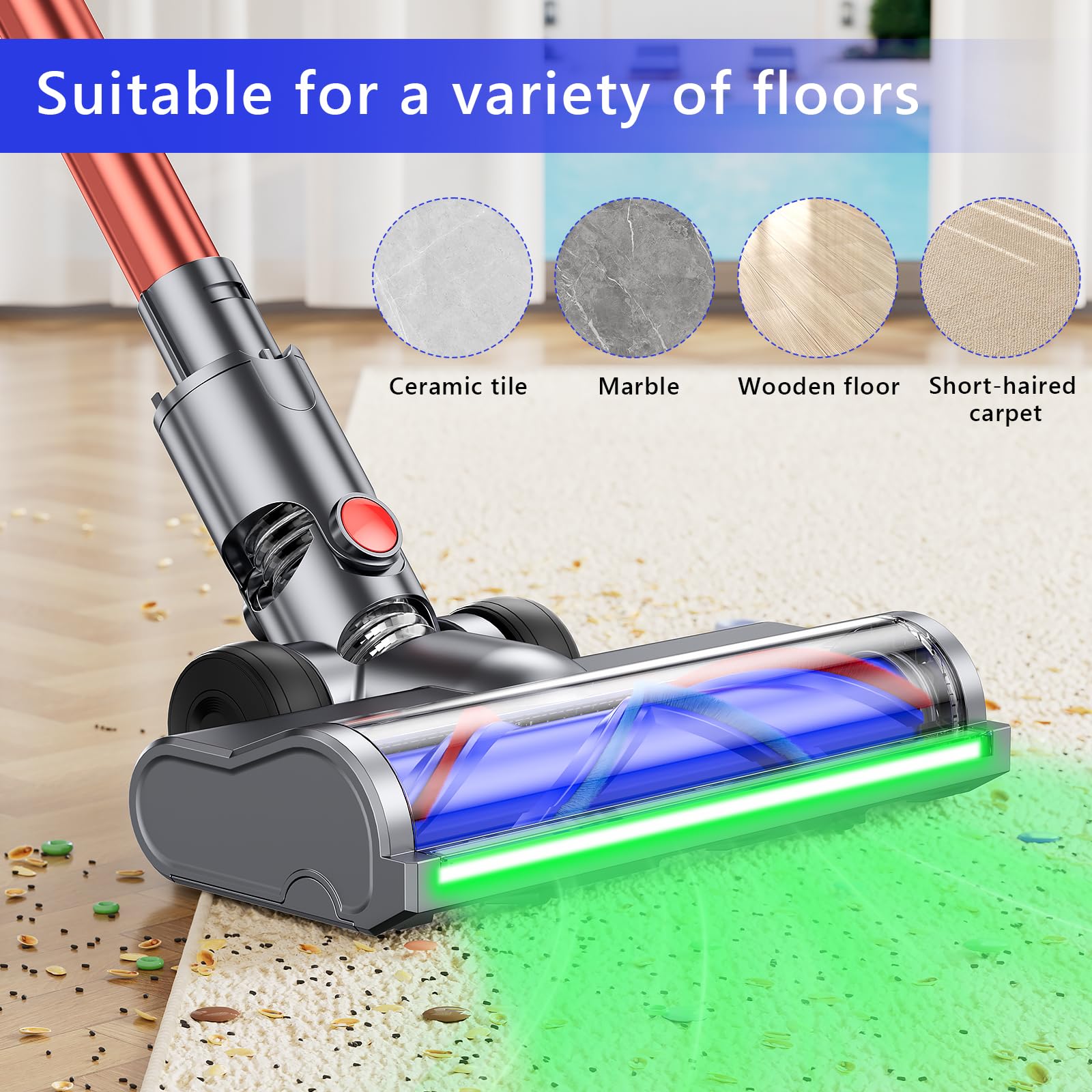 Elektrische Bürste kompatibel für Dyson V6 Animal, V6 Fluffy, DC58, DC59, DC61, DC62, DC74, Zubehör für Turbobürste mit Schnellspanner für Hartboden und Teppiche mit LED-Lichtern, Bodenbürste Zubehör