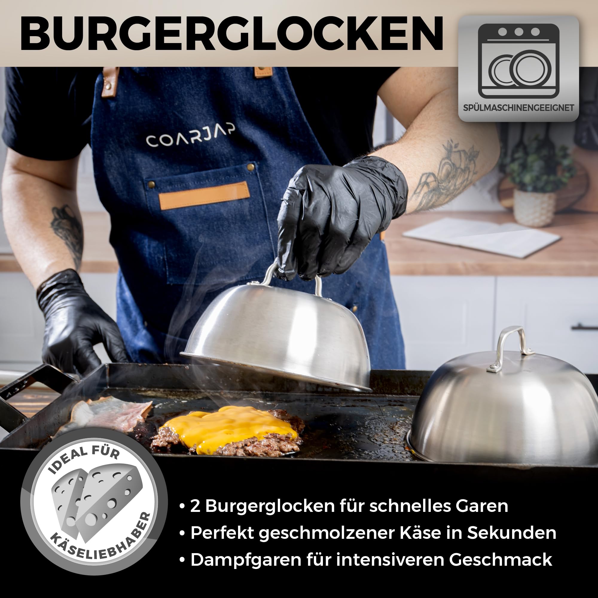 Smash Burger Set – Inklusive 1 Smash Burgerpresse, 1 Grillspachtel, 2 Burgerglocke und 1 Gewürzstreuer – EU-Zertifiziert für Lebensmittelkontakt