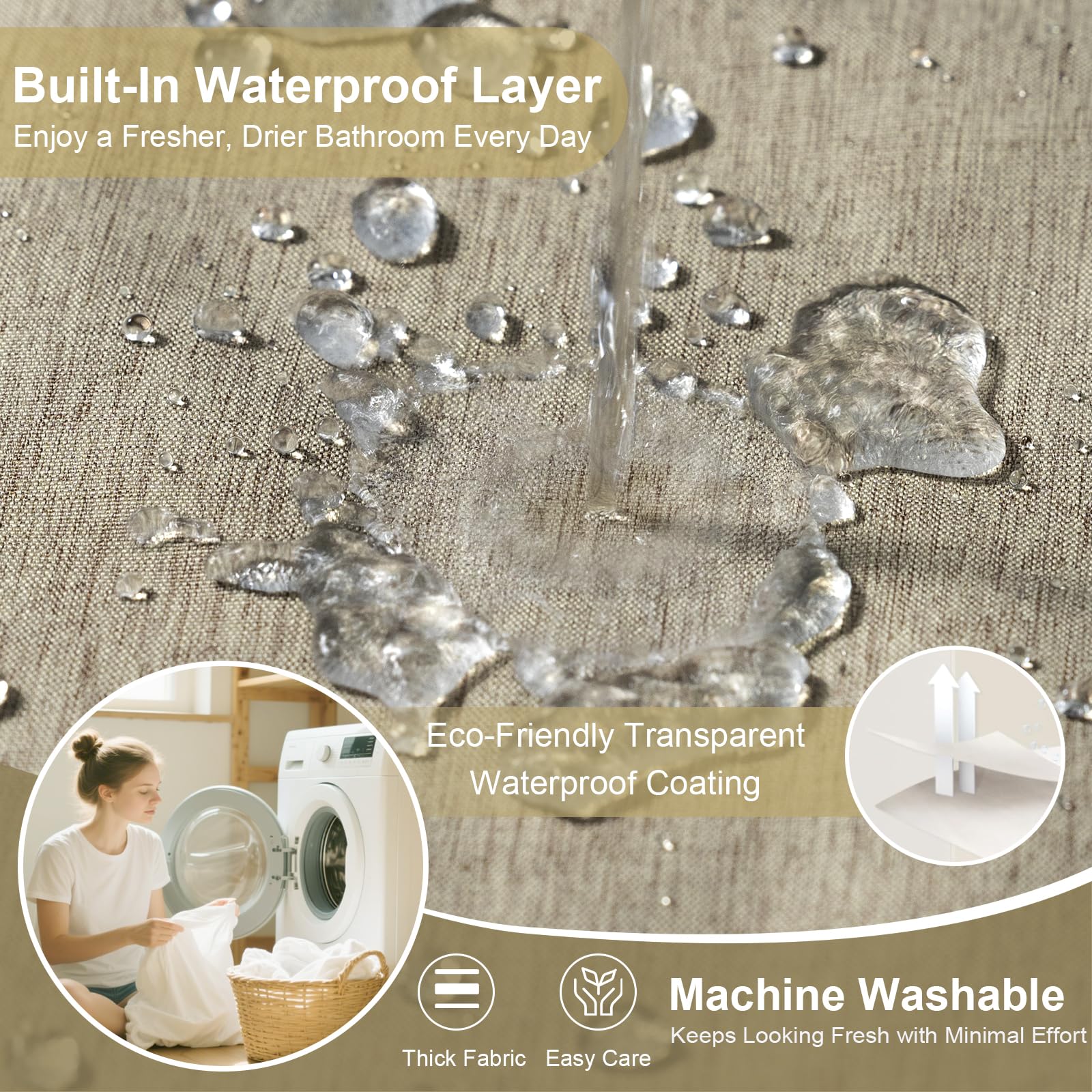 Tenda da Doccia in Texture Lino con Rivestimento Impermeabile, Occhielli Larghi, 230GSM Tenda da Bagno Tessuto Resistente Pesante, Orlo Pesarato, Lavabile, Installazione Facile, 183x191cm, Tortora