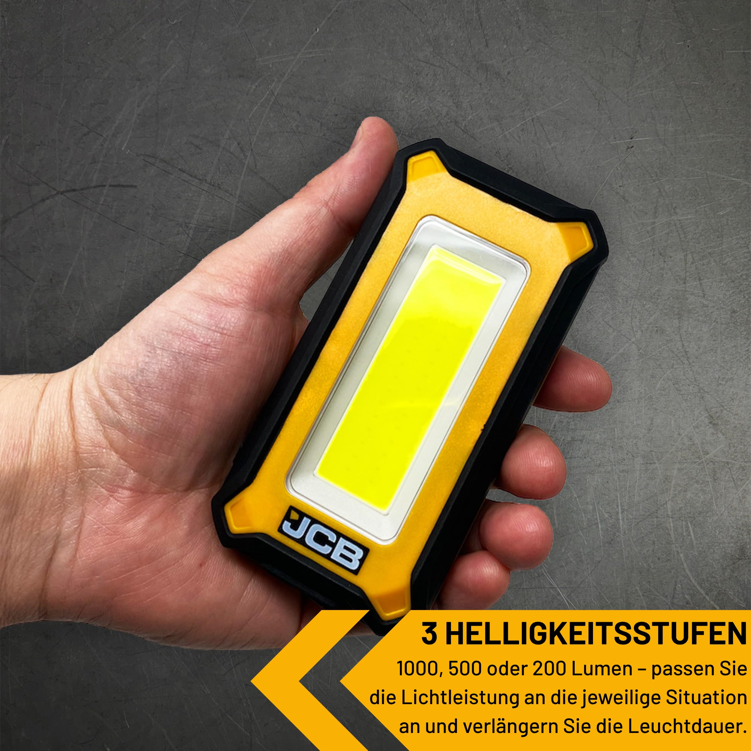 JCB Work Lights LED-Arbeitsleuchte 1000 Lumen, kompakte Werkstattlampe mit 3 Helligkeitsstufen, USB-C aufladbar, Magnet & Haken, IP54, nur 140 g, JCB-WL-PALM