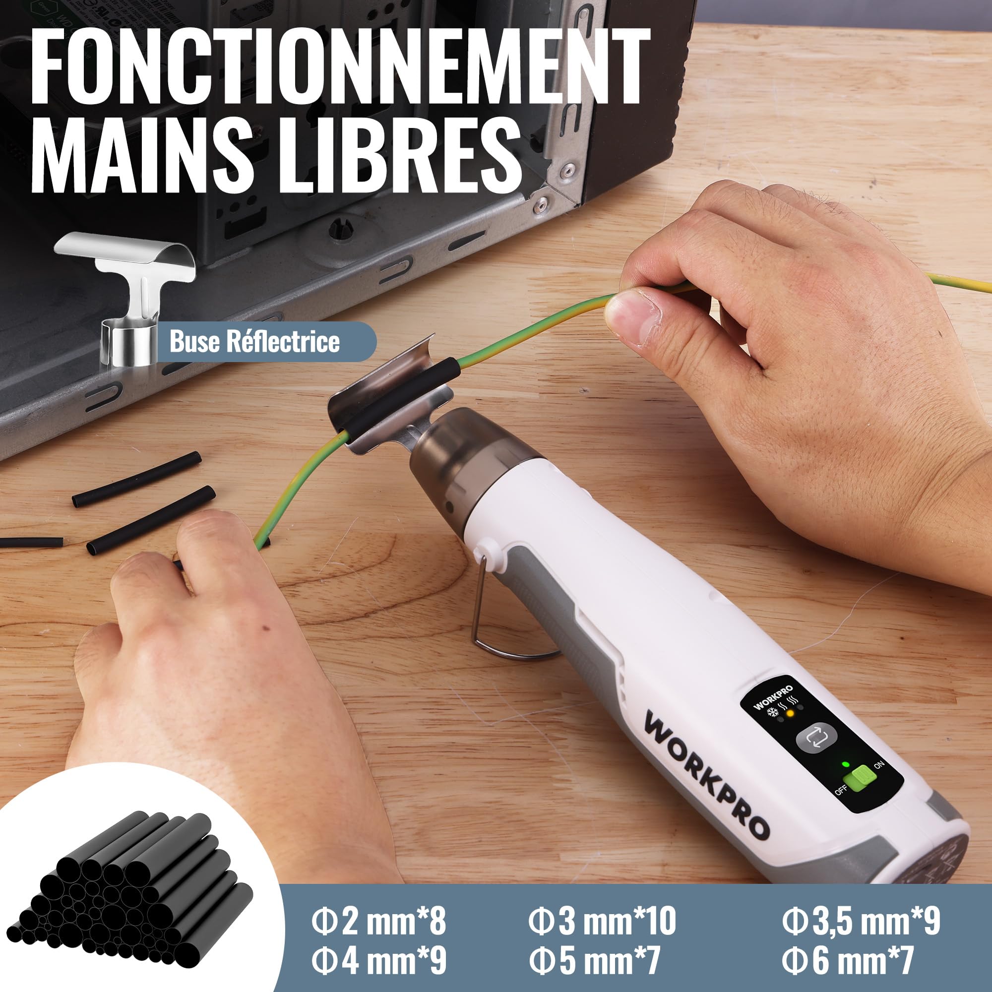 WORKPRO Mini Pistolet à Air Chaud sans Fil, Décapeur Thermique 3 Températures (Froid/300°C/450°C), Chauffage Rapide avec Buse Réflectrice