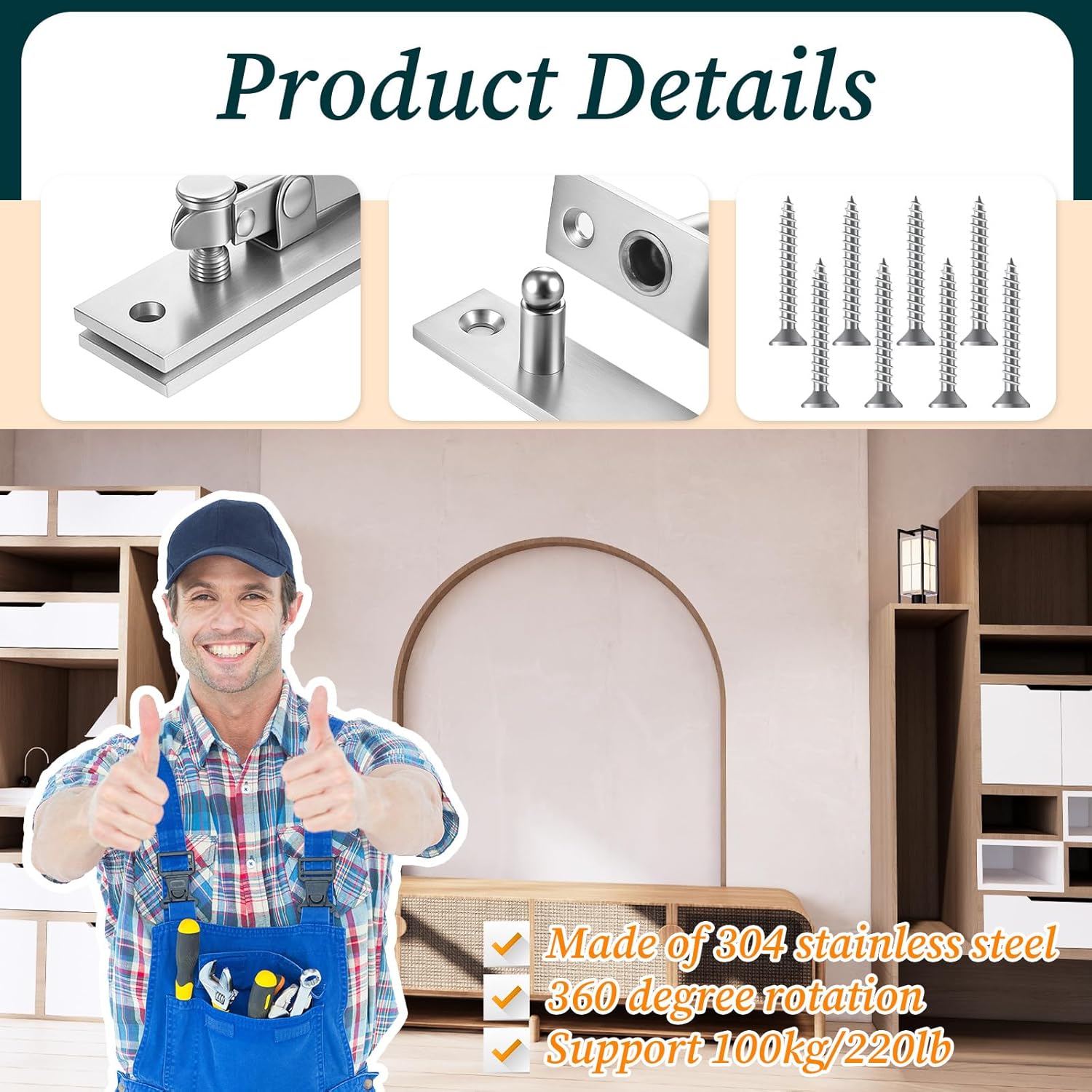 Pivot Hinge for Wood Doors Stainless Steel Heavy Duty Hidden Hinges with 360 Degree Rotation Invisible Door Hardware for Secret Doors and Bookshelf