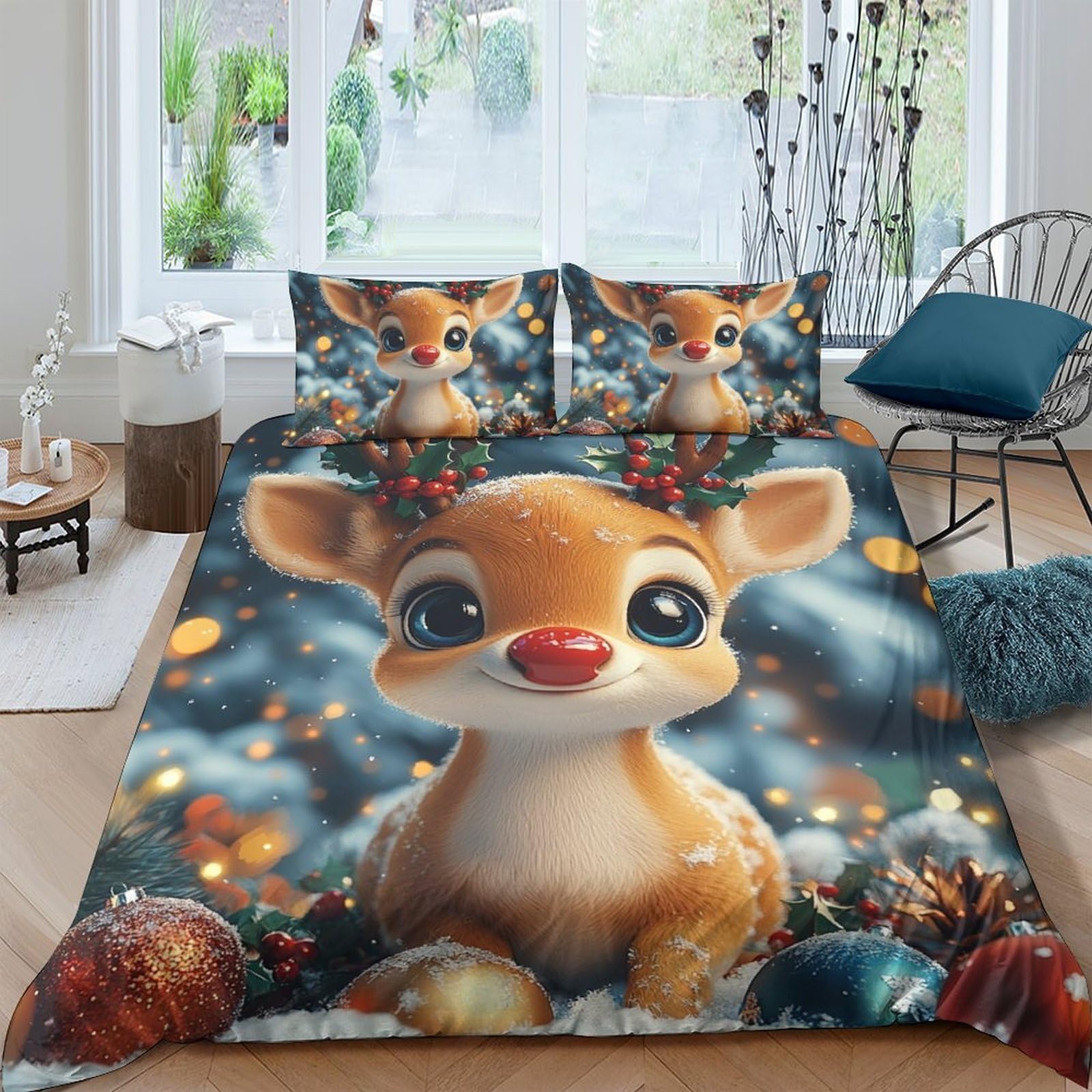Ctjqhvkz Style-9 3D Printed Festive Reindeer Fitted Sheet Microfiber Soft Christmas Ornament Bed Cover For Bedroom Dorm Room Decor Single（135X200cm）