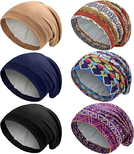 6 gorros de dormir con forro de satén para mujer, gorro de seda africana para dormir, sombrero rizado natural, Como se muestra en la imagen.