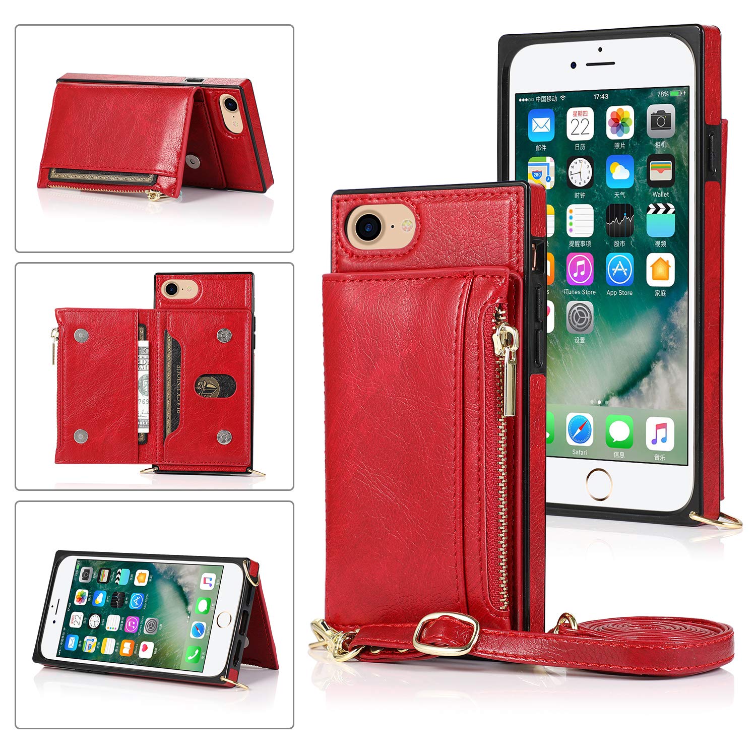 UEEBAI Case for iPhone SE 2022 5G/iPhone 7/iPhone 8/iPhone SE 2020, PU Leather Zipper Wallet Case with Card Holder Slots Crossbody Wrist Strap Kickstand Flip Case Cover for iPhone SE3/SE2 - Red