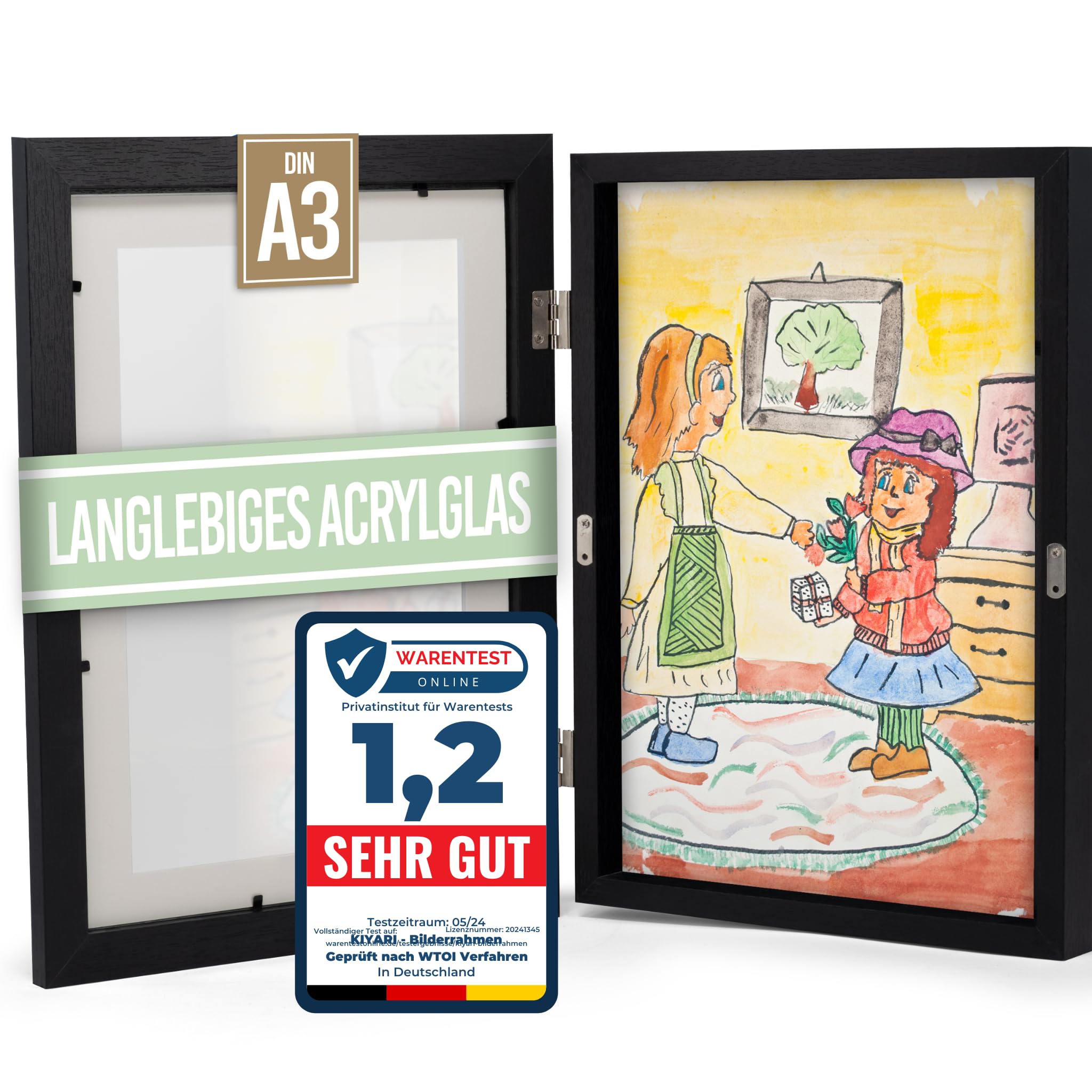 KIYARI Bilderrahmen Kinderzeichnungen A3 Schwarz, Aufklappbar & Frontöffnung, für bis zu 150 Zeichnungen, Robustes Holz & bruchsicheres Glas, Ideal für Kunstprojekte, Kinderzimmer & Schule