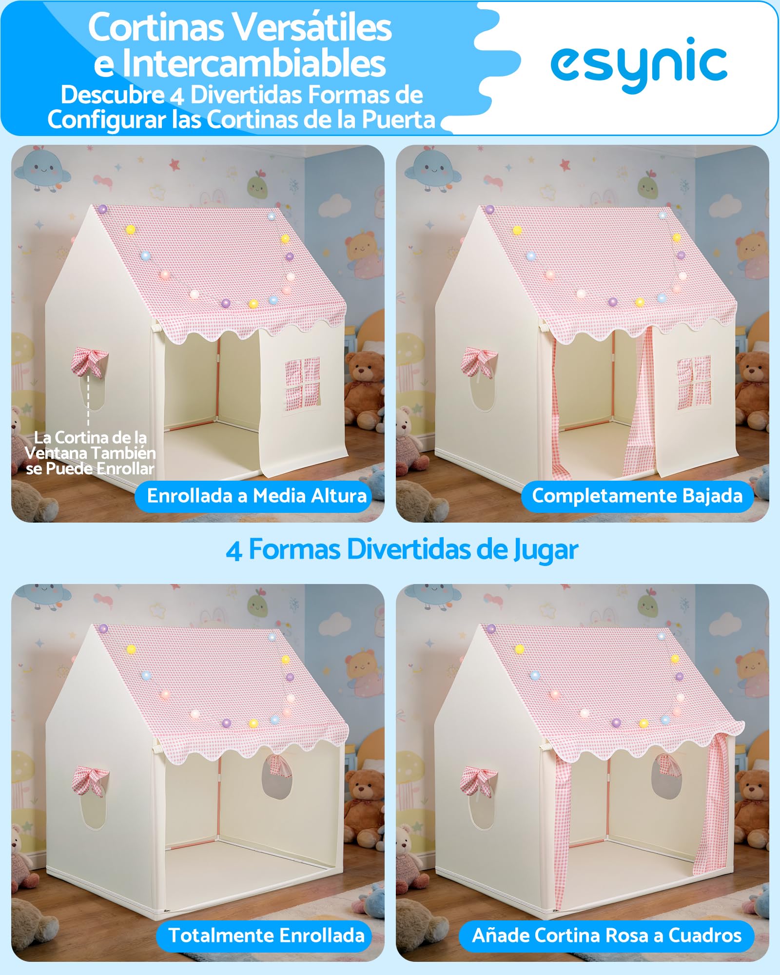 eSynic Tienda de Campaña para Niños Casa de Juegos Infantil con Luces LED Playhouse Montaje Fácil Estructura Metálica Casita Infantil Plegable Interior Exterior para Dormitorio Jardín — view 3