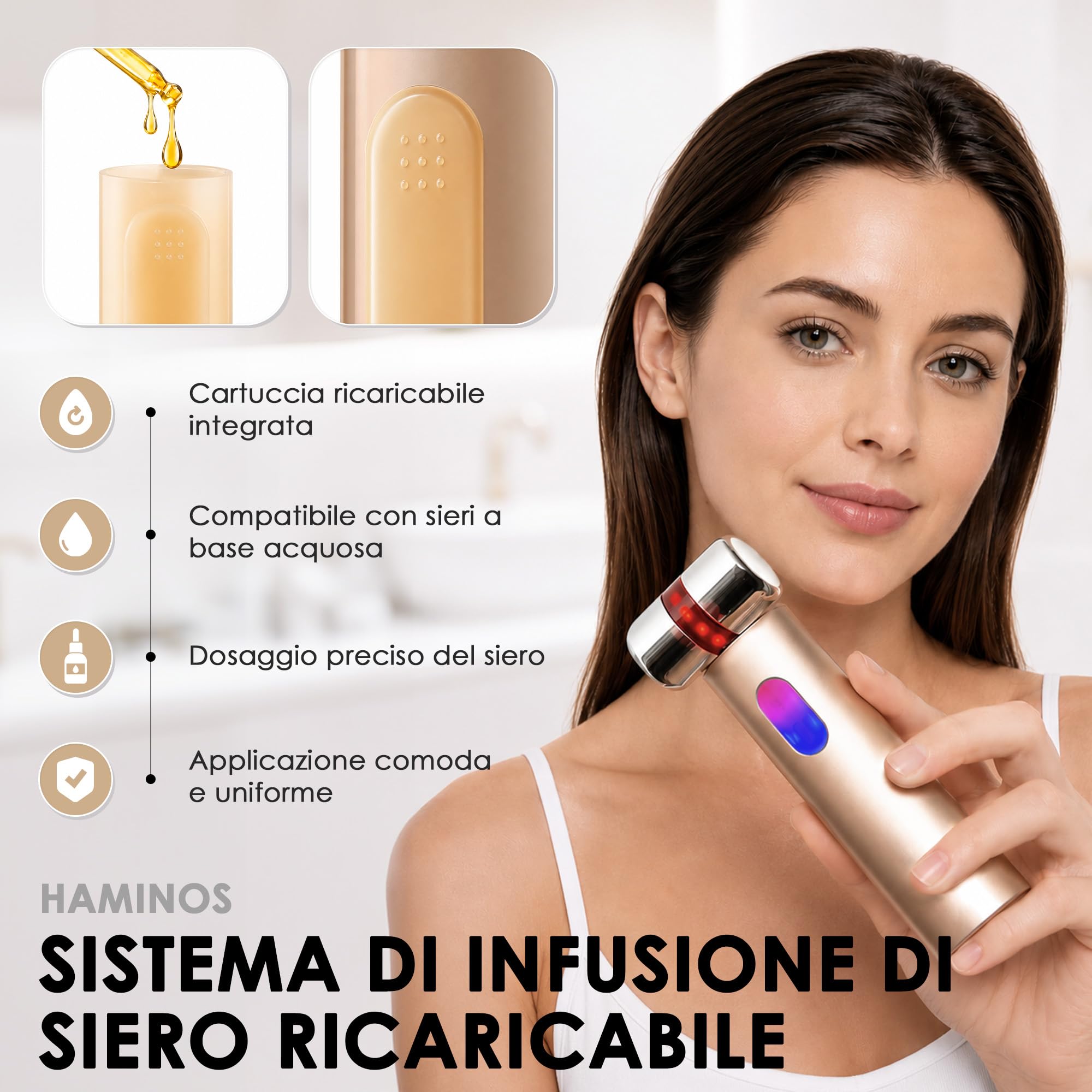 HAMINOS Dispositivo Viso con Microcorrente EMS e Infusione di Siero, Massaggiatore Viso con Luce Rossa, Blu e Viola, 3 Intensità, Beauty Tool Ricaricabile USB-C