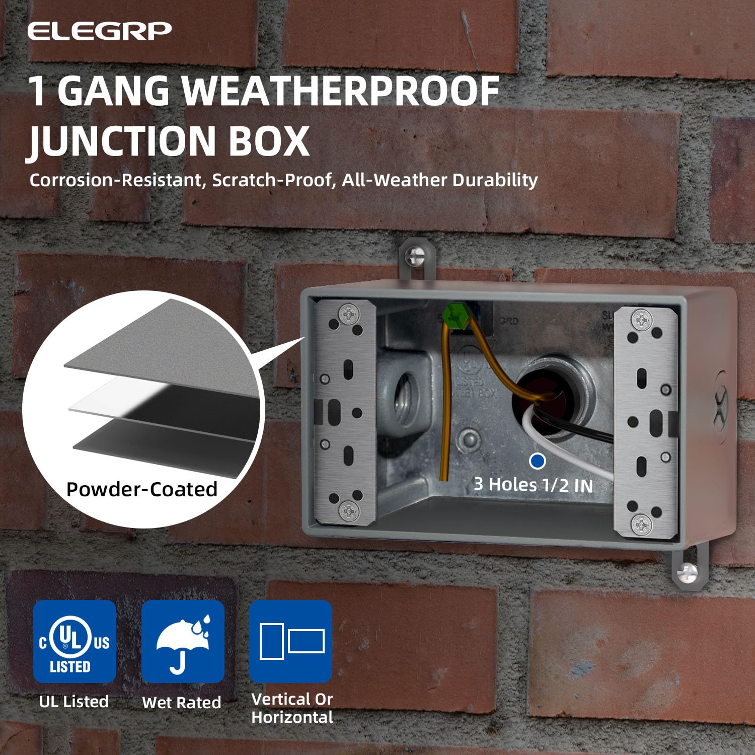 ELEGRP Outdoor GFCI Outlet Kit, with Weatherproof Cover and Box, 1 Gang, 15 Amp TRWR Self-Test GFI Receptacle, Horizontal Outdoor Cover, Extra Duty Metallic Electrical Outlet Box, UL Listed, 1 Pack