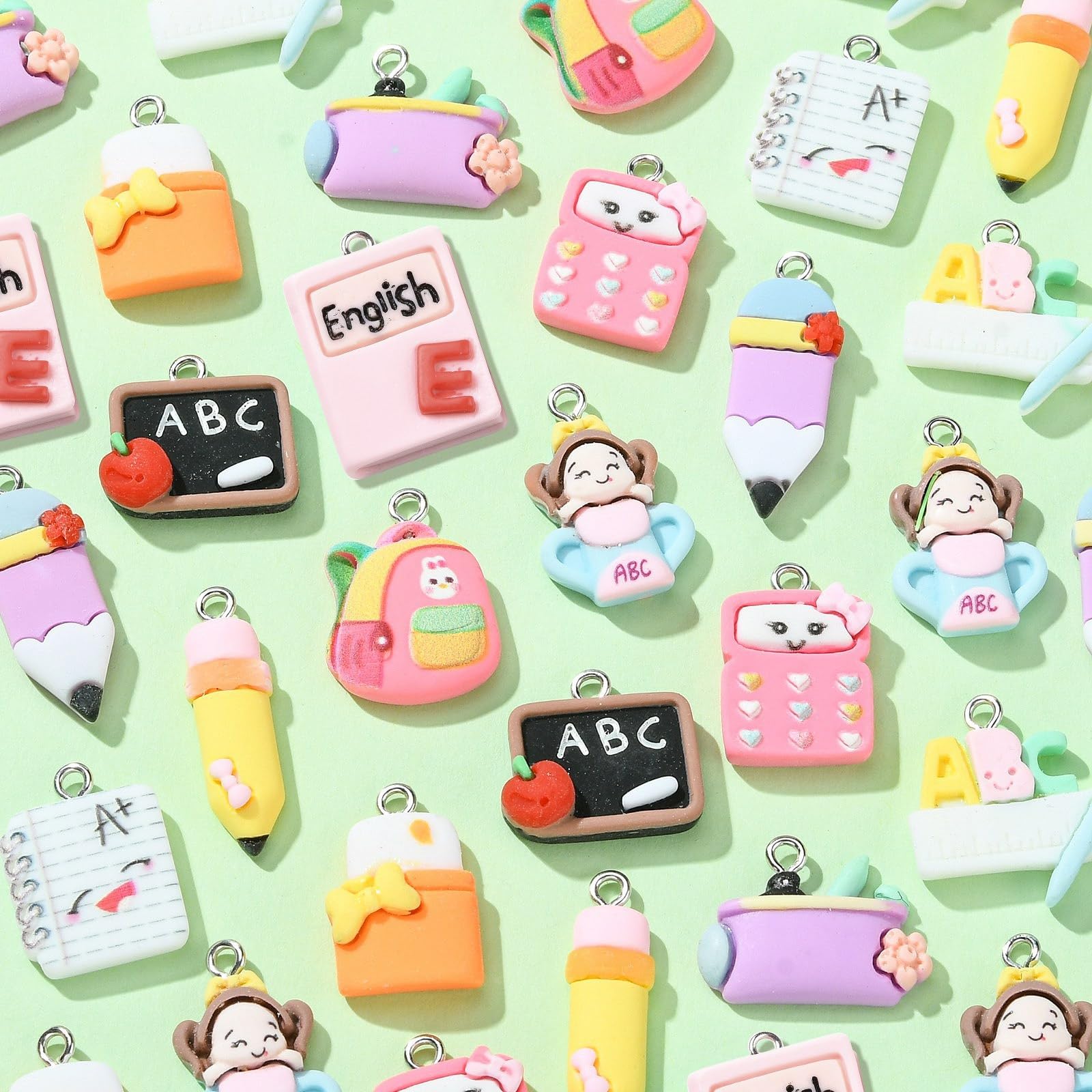 Stiesy 55Pcs 11 Styles Study Theme Resin Charms Study Supplies Pendant Charm Book Pencil Bag Calculator Dangle Charms for Jewellery Making DIY Bracelet Crafting - Image 3