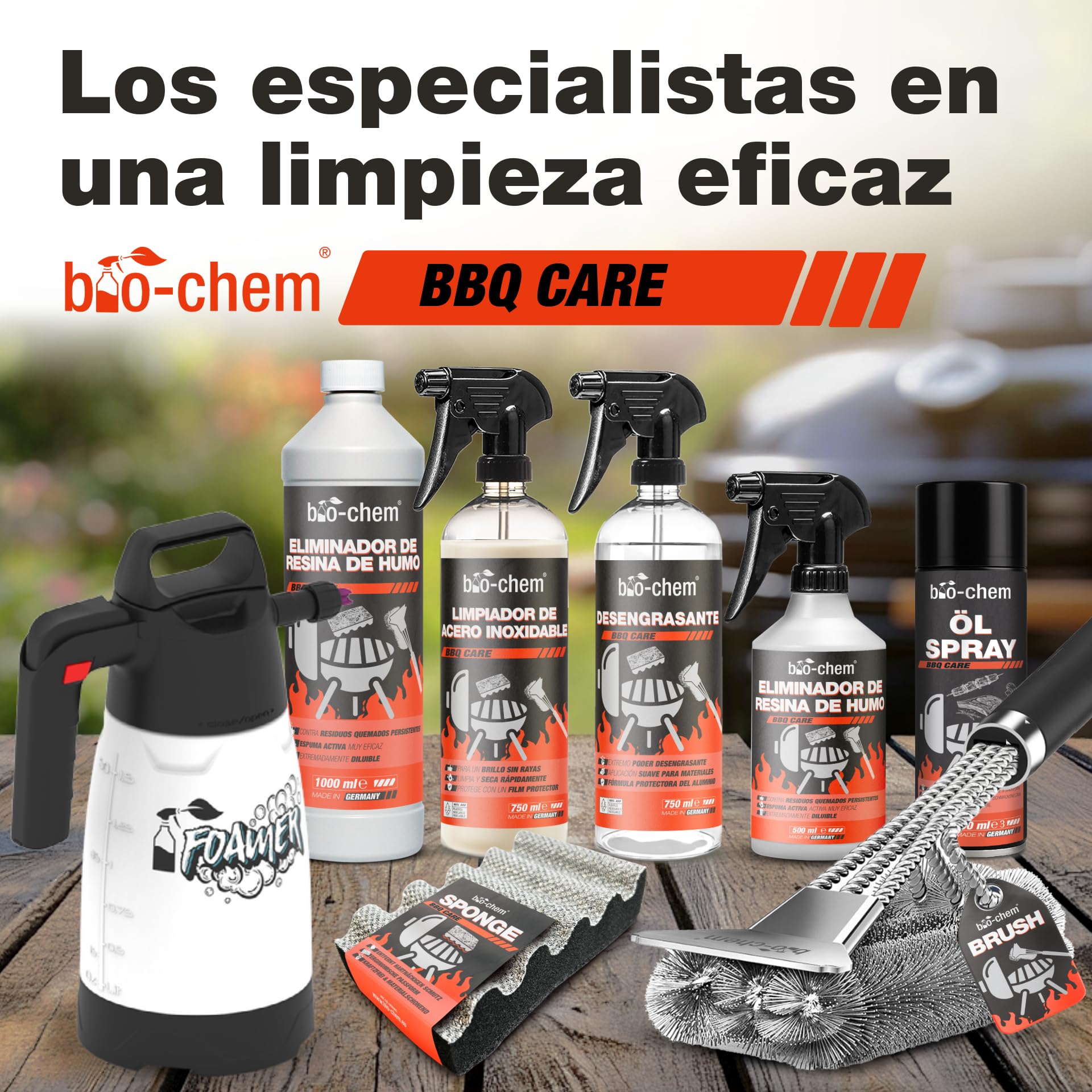 Bio-Chem - Kit Limpieza Barbacoa con pulverizador de Espuma 9 pz: Limpiador Resina 0,5L - Desengrasante Superficies BBQ 750ml - Spray per INOX 750ml - Spray di Aceite 200ml - con Accesorios