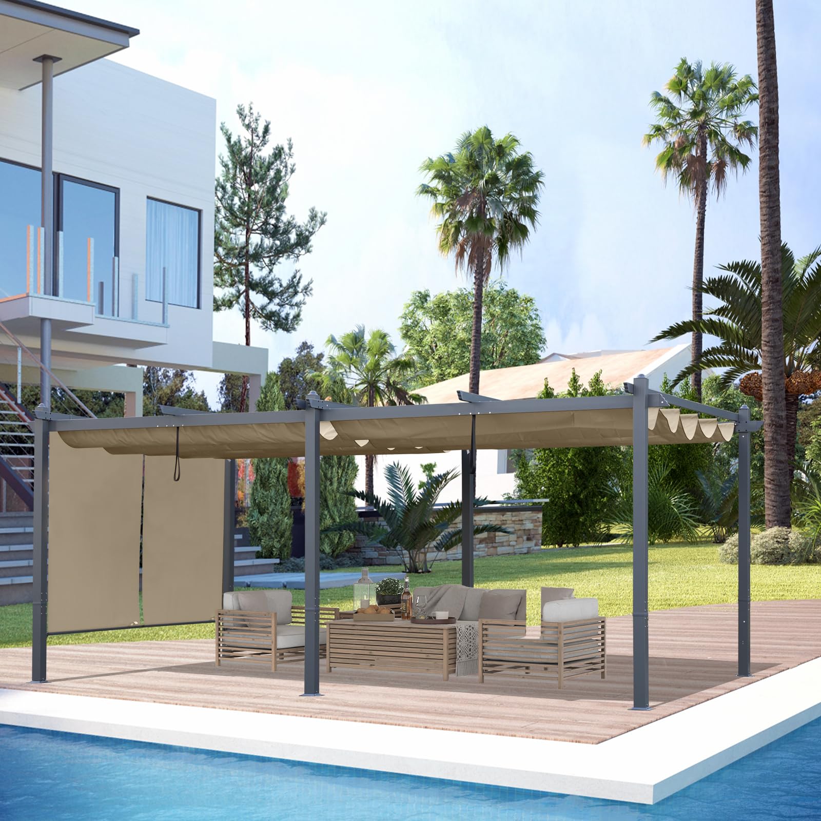 BPS 12x20 FT Outdoor Pergola - Retractable Shade Canopy with Aluminum Frame & Roller Shade Curtains for Patio, Backyard, or Deck, Khaki