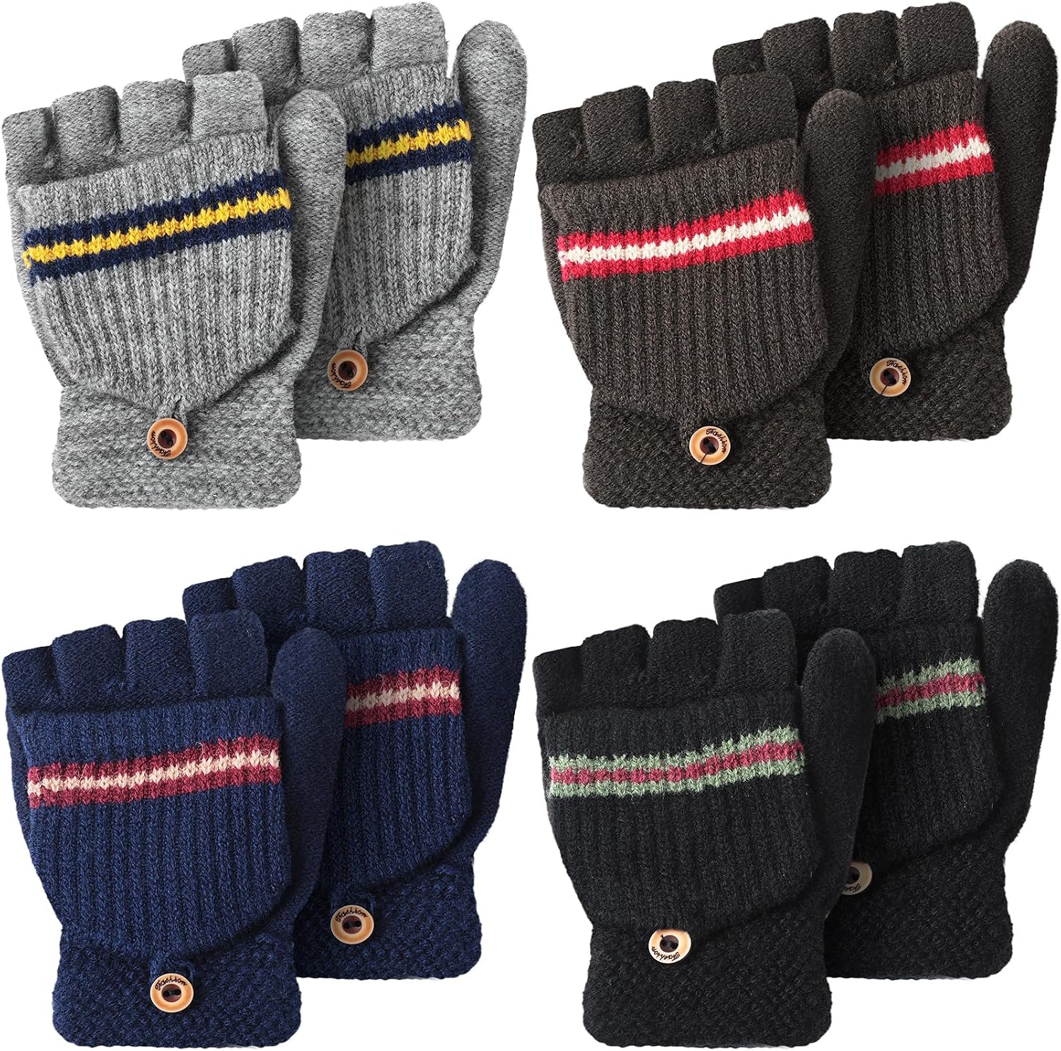 Yahenda 4 Pairs Kids Mittens Fingerless Gloves Winter Knitted Convertible Mittens for Toddler Boy Girl Aged 5-10