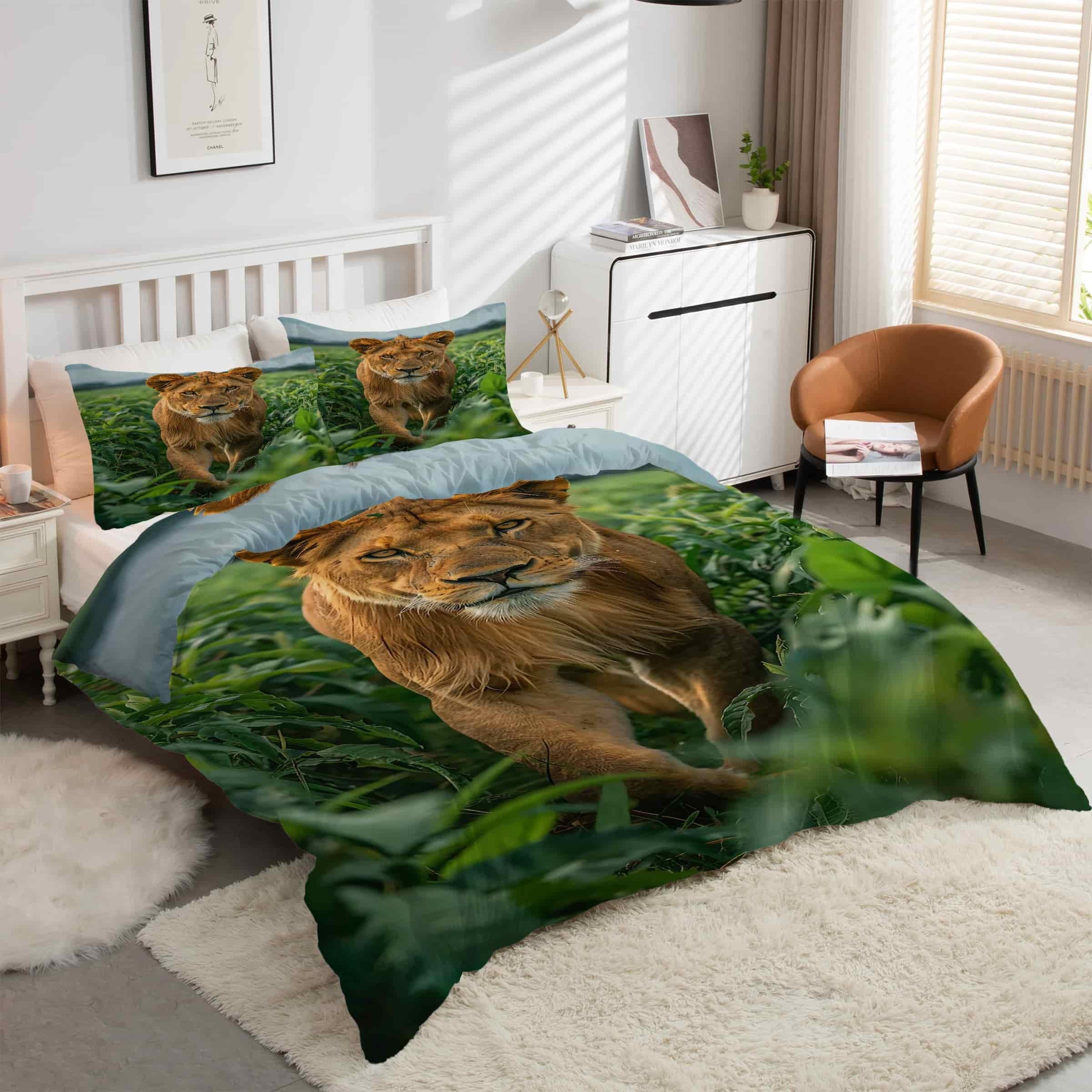 Housse de couette 220x240 lion ensemble literie 3 pièces microfibre zip