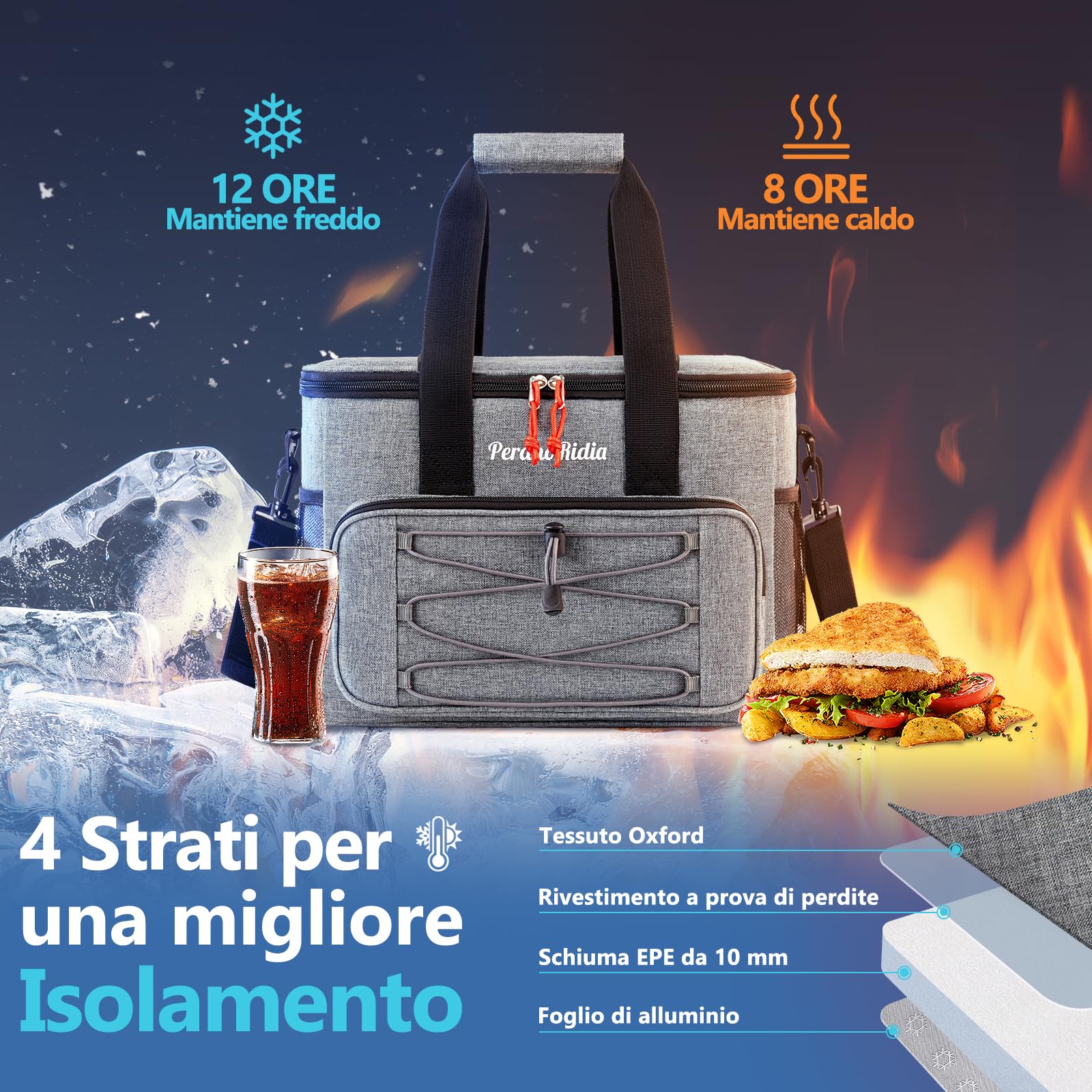 Borsa Termica 10/20/30 Litri, Borsa Frigo per Alimenti Mantenere Caldo o Freddo, Borse Termiche Mare Porta Pranzo Portatile per campeggio Spiaggia Grigliate Picnic Escursionismo Grigio