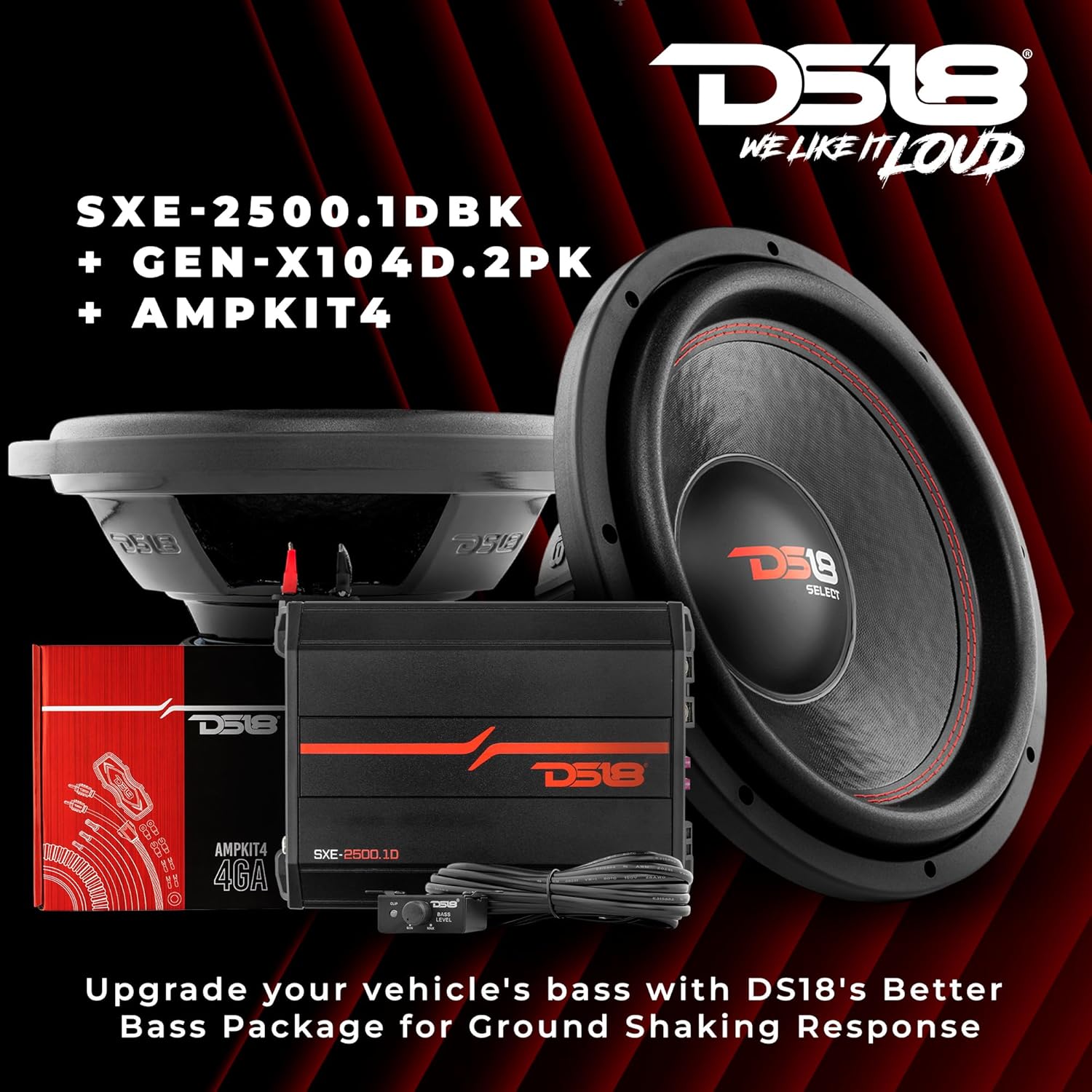 DS18 Car Audio Power Pack - 2X 10 Car Subwoofer with Amplifier Monoblock and Installation Wiring Kit 4GA - Amplify Your Ride with Precision Sound