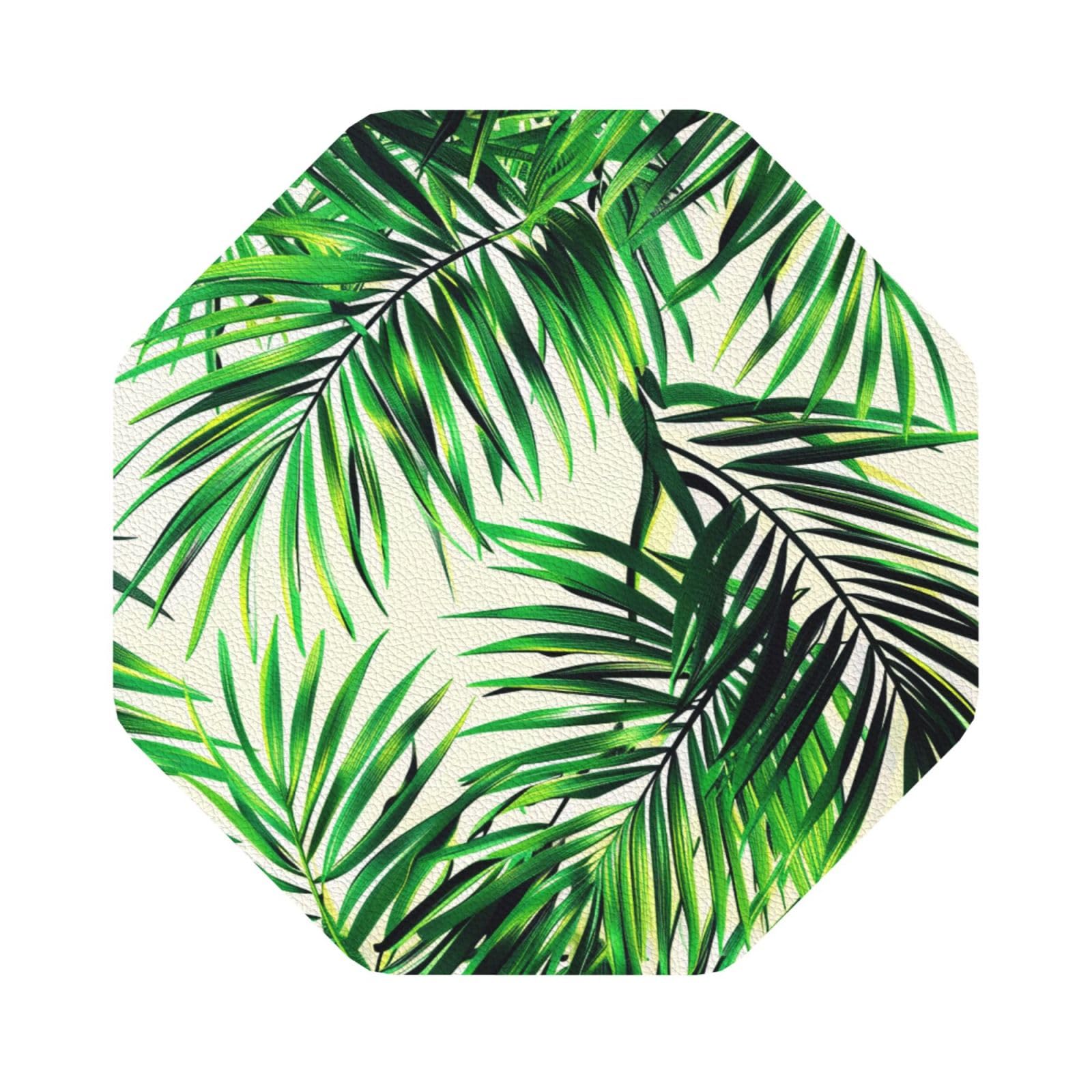 Palm Tree Green Leaves Print Leather Coaster Set of 6, Octagon Coasters Table Decorative Coffee Cup Beverage Coasters Wine Beer Bar Coasters for Hot Drinks Table Protection