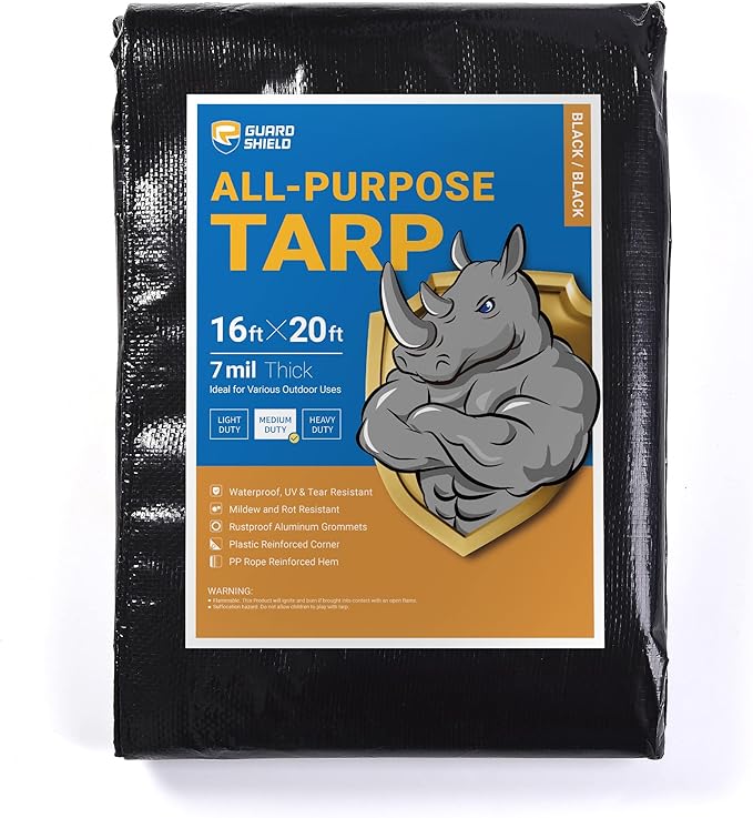 GUARD SHIELD 16x20ft 7mil Waterproof Black Poly Tarps Cover for All
