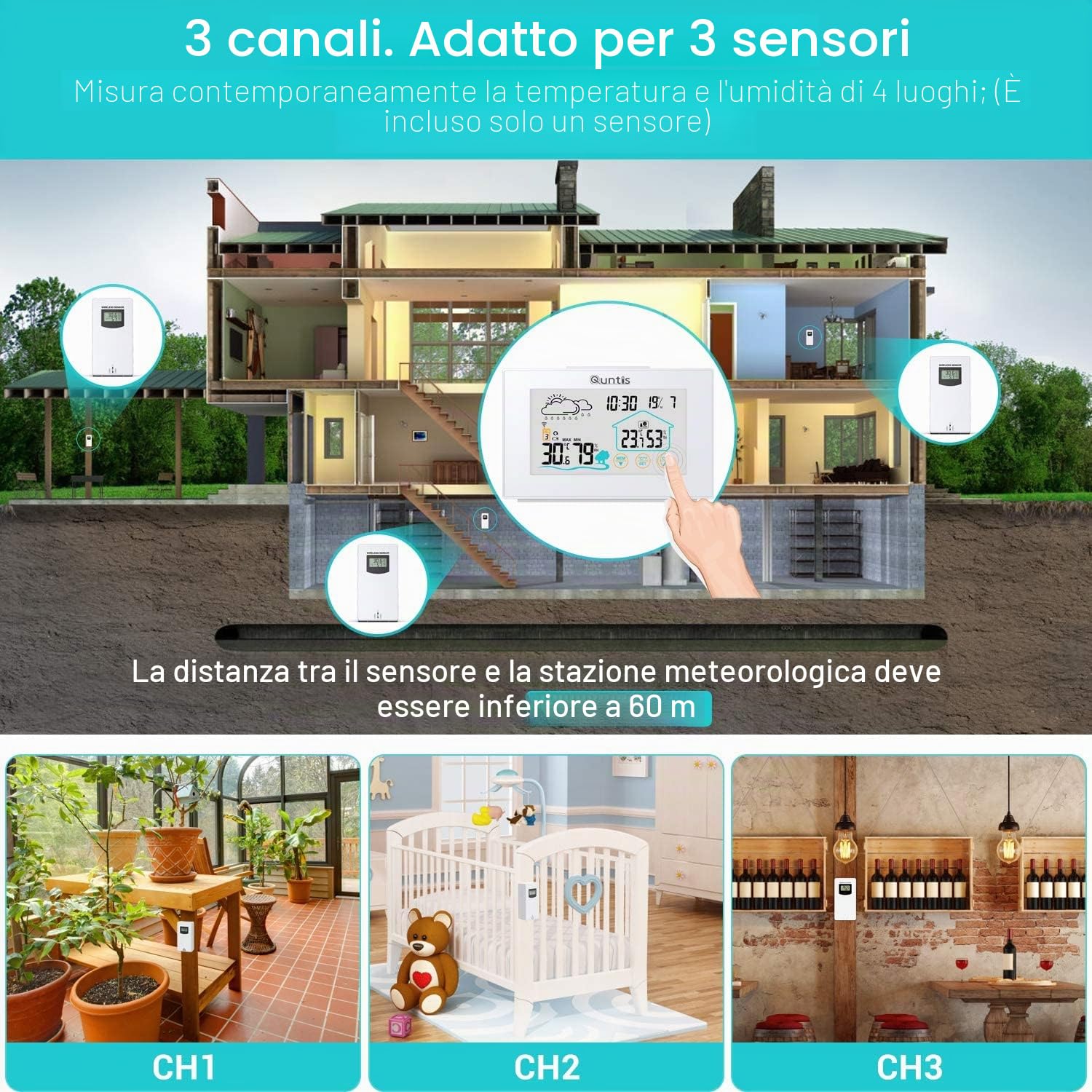 Quntis Stazione meteo radio con 3 sensori esterni, termometro digitale per uso interno ed esterno, stazione meteo multifunzionale con visualizzazione dell'ora, sveglia e previsioni meteo - bianco