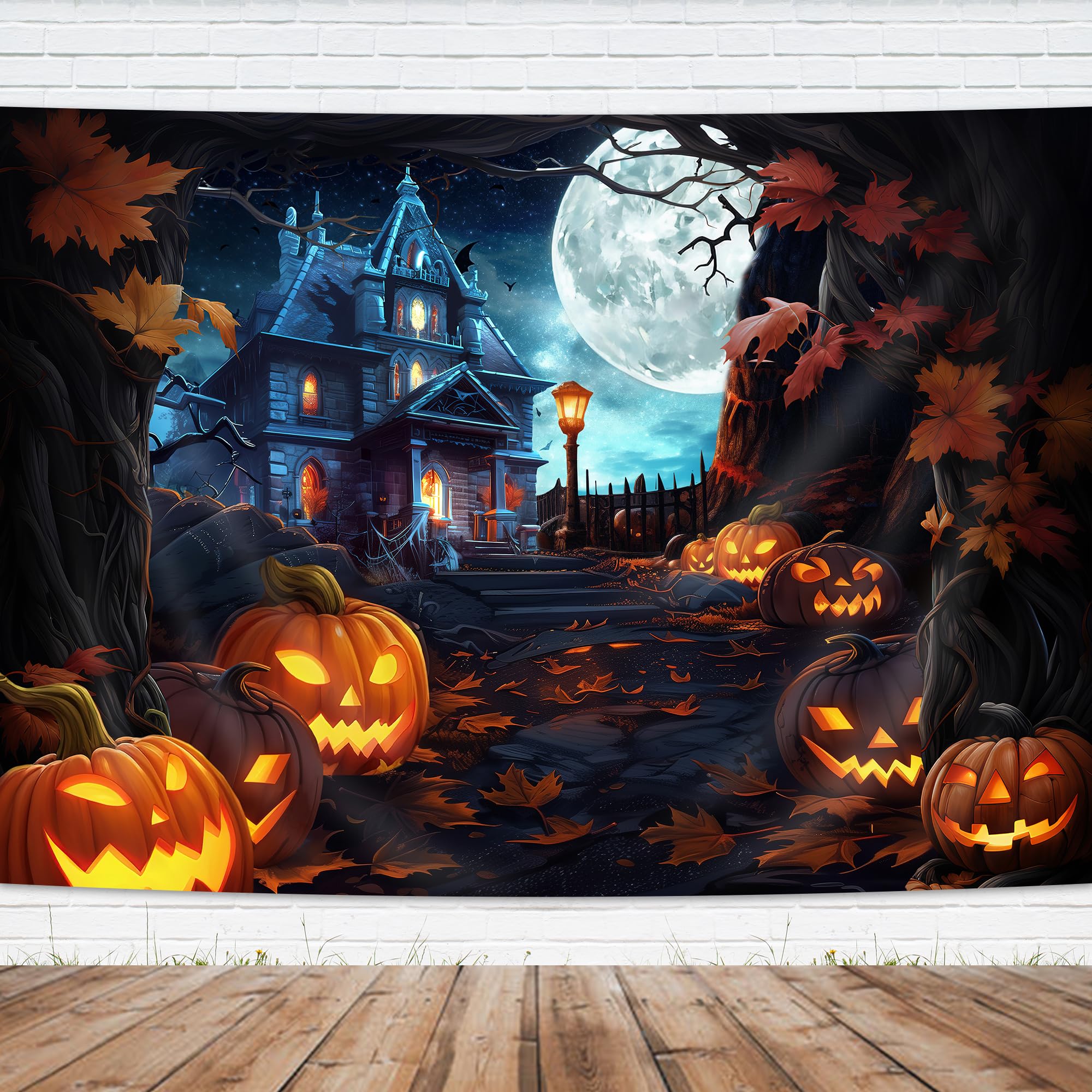 Telón de fondo de Halloween de 7 pulgadas de ancho x 5 pulgadas de alto, castillo espeluznante, luna, noche, calabaza, farol, otoño, hojas de arce, tela de poliéster, terror aterrador, fondos