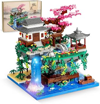 QLT Peach Blossom Pond Japan Flowers LED House Micro Building Blocks Not Compatible with Lego, Cherry Bonsai Architecture Gift Toys for Adults