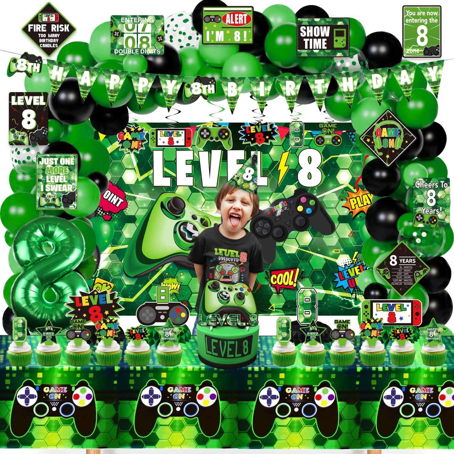 KOTLMIGHT 8th Birthday Decorations for Boys, 148Pcs Green Video Game level 8 Party Supplies for Boy 8th Birthday - Backdrop, Banner, Balloons, Tablecloth, Centerpieces, Hanging Swirl, Hat, Wall Signs