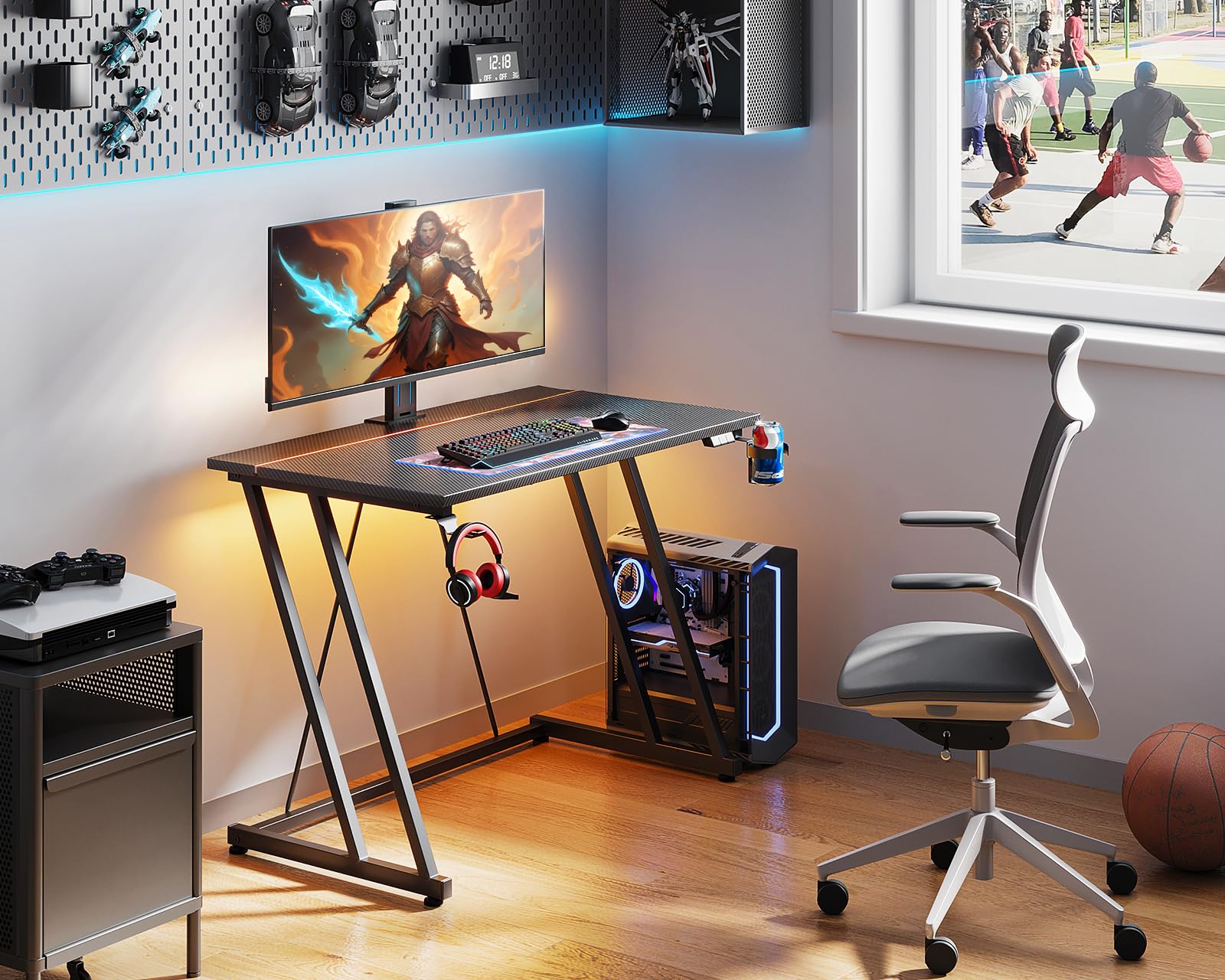 ODK Bureau Gaming LED, 80 x 50 cm Bureau Gamer, Table Gaming avec Porte-Gobelet et Crochet pour Casque D'écoute, Fibre de Carbone Noir