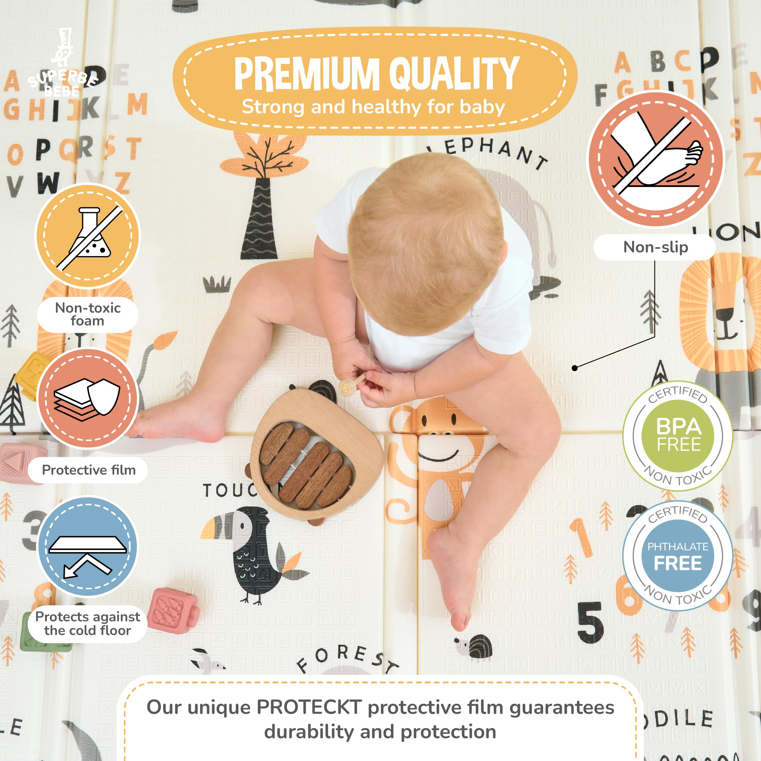 SUPERBE BEBE Mata do zabawy, dwustronna i nietoksyczna, gruba, składana, wodoszczelna mata z pianki. Do pokoju dziecięcego dla chłopców lub dziewczynek. Duży format 180 x 200 x 1.5cm
