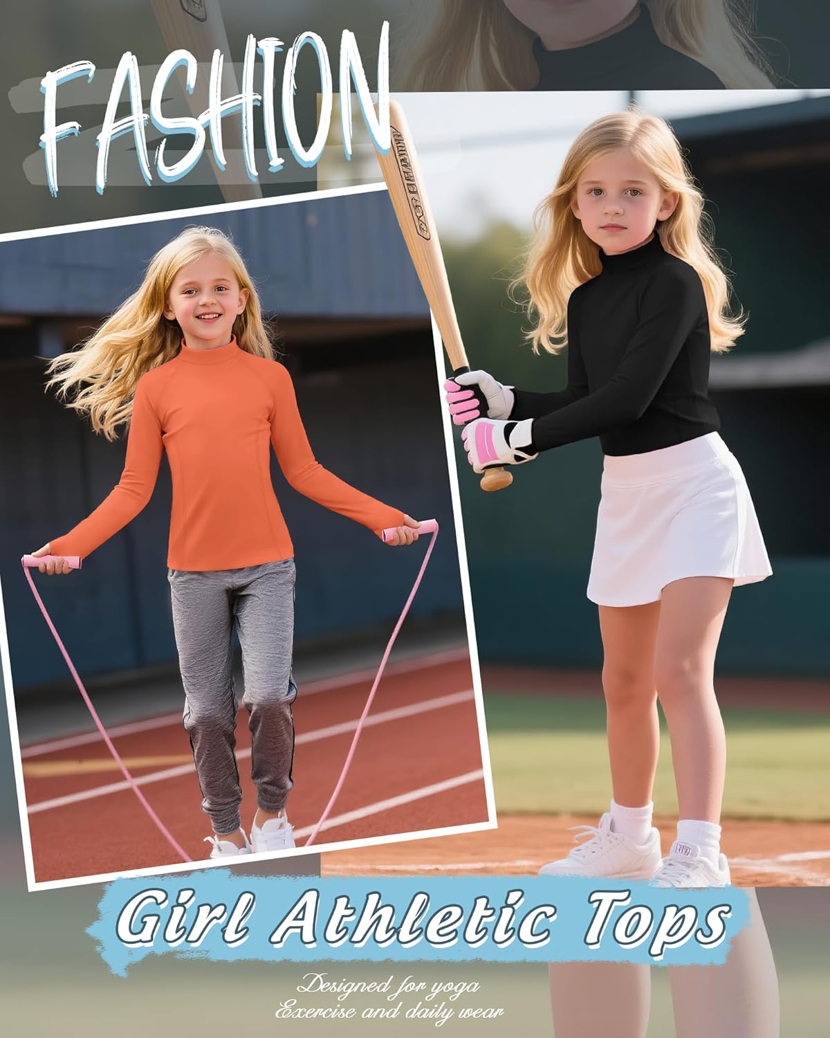 4 Pack Girls Long Sleeve Athletic Shirts Kids Mock Turtleneck Raglan Tops Thumb Hole Activewear Sports Yoga Tees