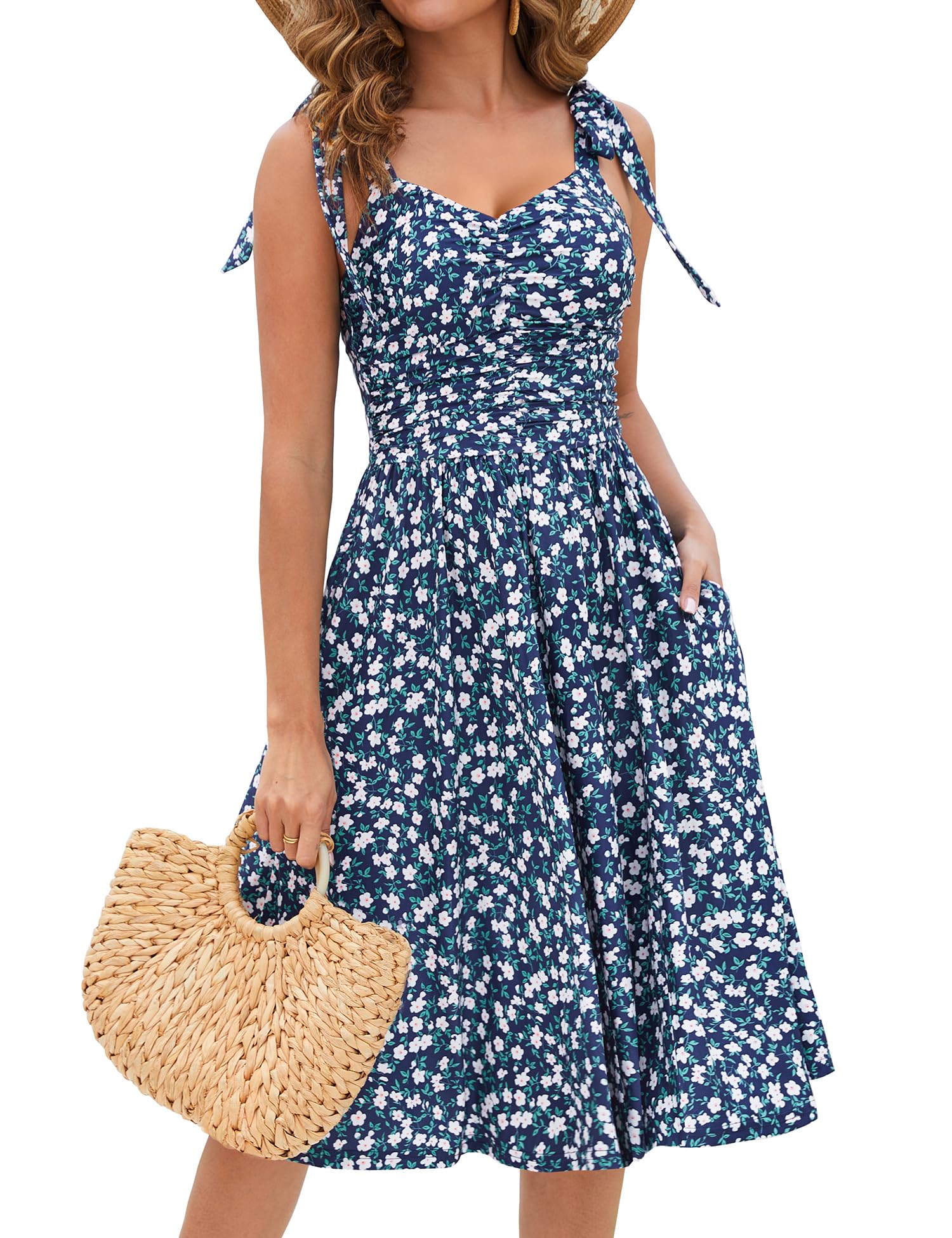 Kranda Women 2026 Summer Casual Spaghetti Strap Sundress V Neck Sleeveless Flowy Boho Floral Midi Dress with Pockets