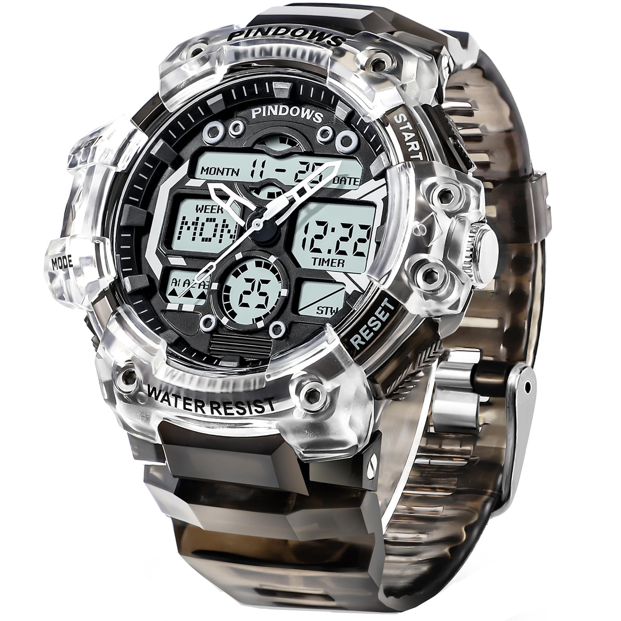 PINIDOUS Relojes Hombre Relojes Deporte Digital Hombre,Luz LED de 7 Colores,Gran Pantalla Digital Analógica Impermeable Relojes con 3 Alarmas,Cuenta Atrás,Reloj Parada,Hora Dual Relojes Militares Multifunción