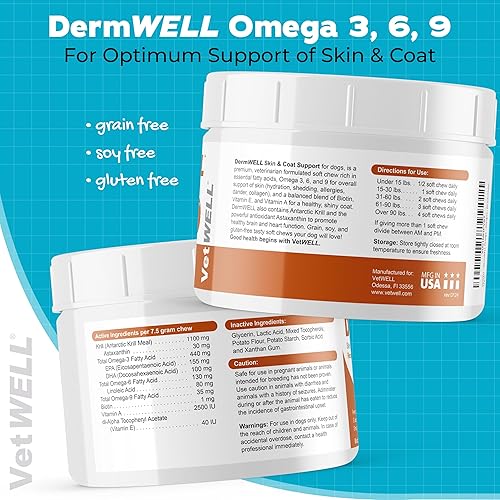 Miniatura 6 de VetWELL Suplemento Omega 3 para perros con aceite de krill antártico, astaxantina, Omega 3 6 9, EPA, DHA para una piel y pelaje increíbles (60