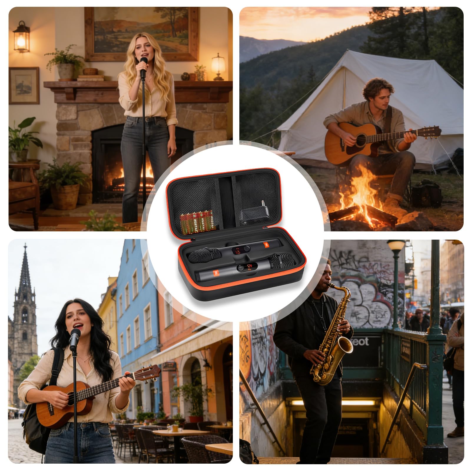 Sac de voyage portable Dual Mic : sac de voyage portable Dual Mic, compatible avec JBL Wireless Two microphone, poche pour microphone Bluetooth, récepteur, adaptateur, batterie (boîte