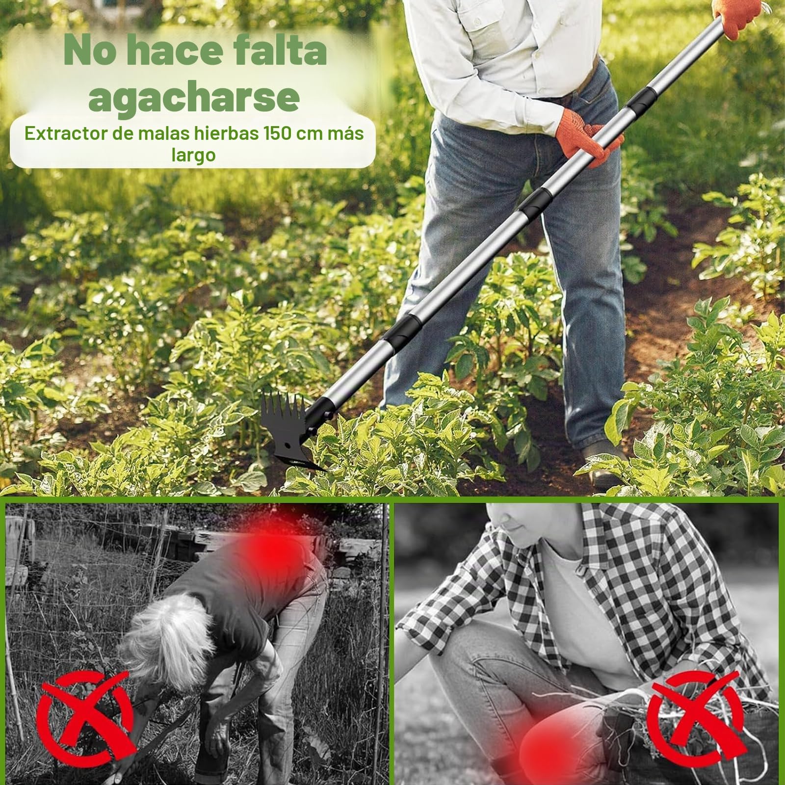Extractor de Malas Hierbas con Mango Largo de 150 cm, 2 en 1 para Desmalezar Manual, Quitar Malas Hierbas Jardin Mango Largo,para Patio, césped, terraza, jardín