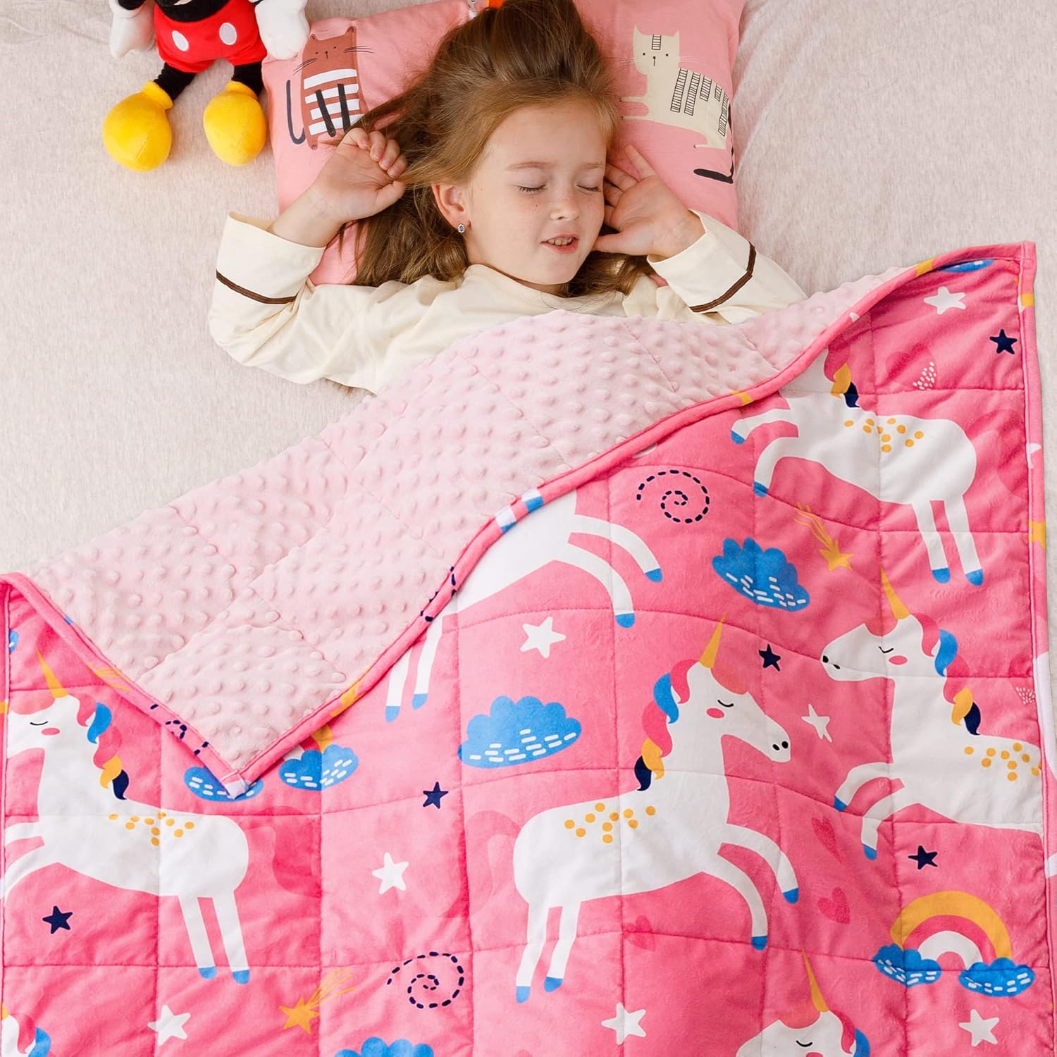 Sivio Dotted Weighted Blanket, Super Soft Crystal Velvet Reversible Heavy Blanket with Cute Cartoon Patterns, 7 lbs, 41×60 Inch, Pink Unicorn