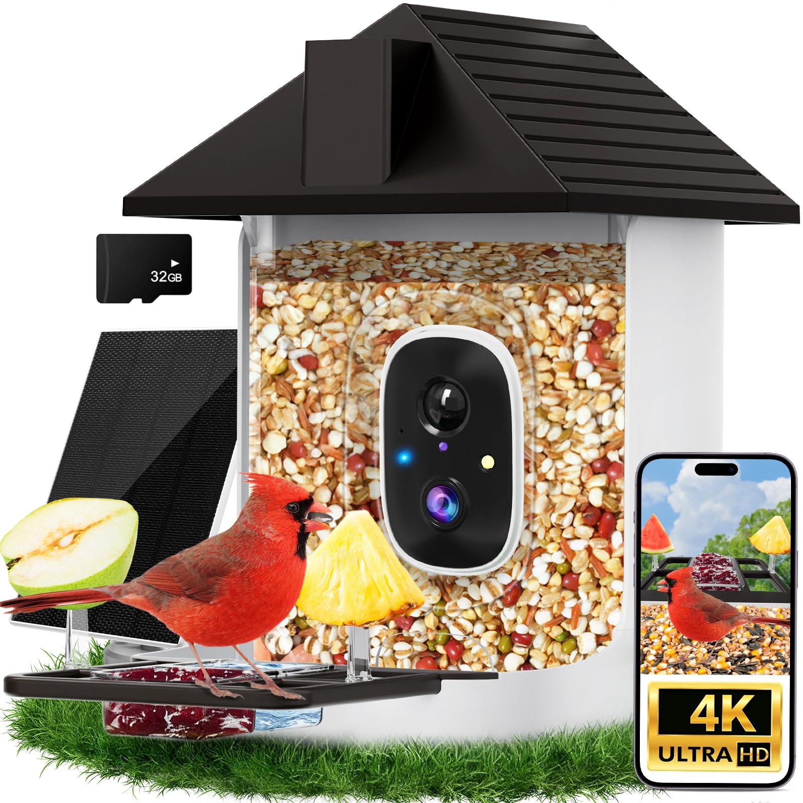 Smart Vogelfutterstation mit Kamera, 5200 mAh Akku mit Solarpanel, 2K native Auflösung Live-Ansicht, KI-Artenidentifizierung, automatische Erfassung und sofortige Ankunftswarnung, ideales Geschenk für