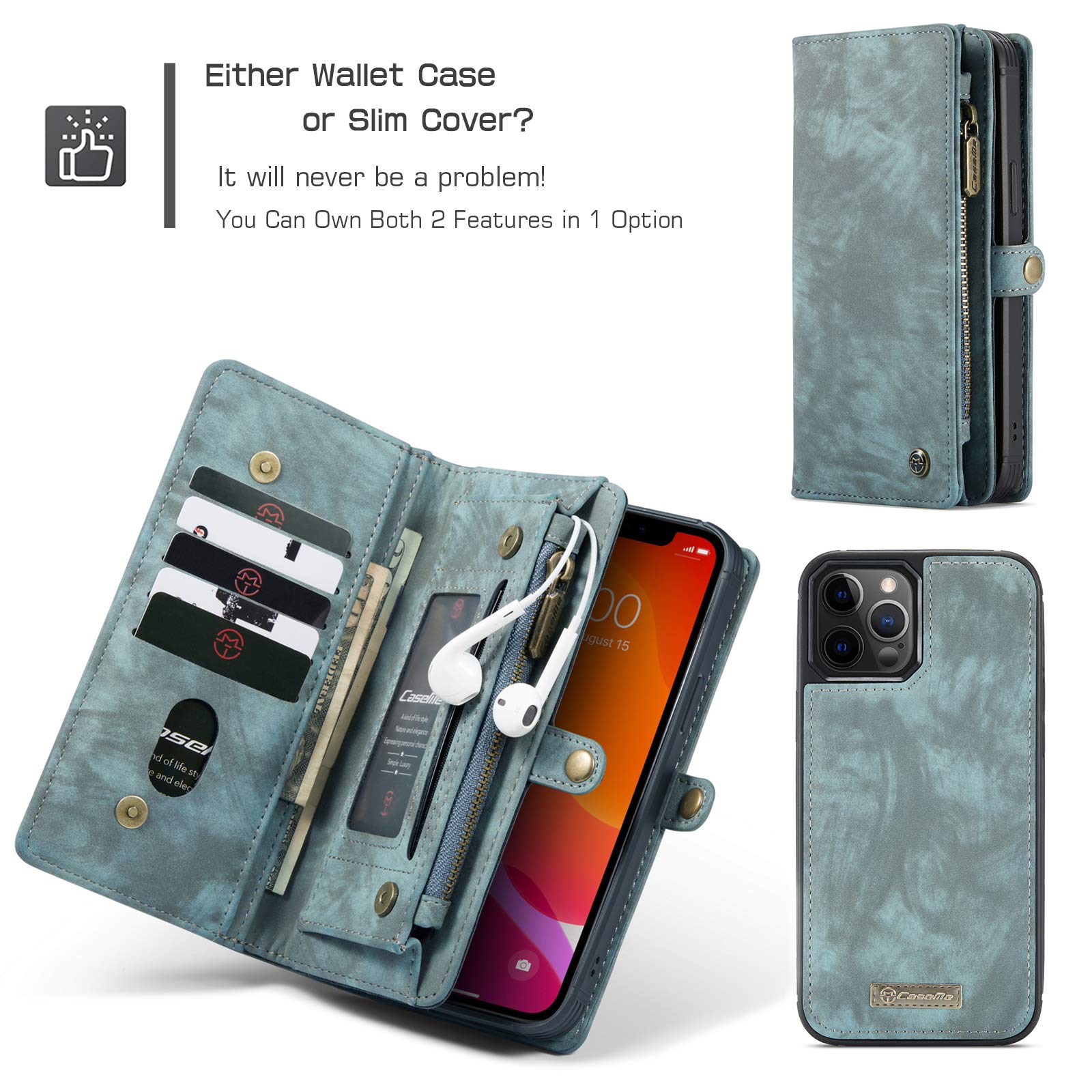 ANROD Portafoglio Custodie Pelle per iPhone 12 PRO,CaseMe Rimovibile Posteriore Caso Flip Antiurto Cover con Cerniera,Slot per Schede e Magnete Originale (Rosso