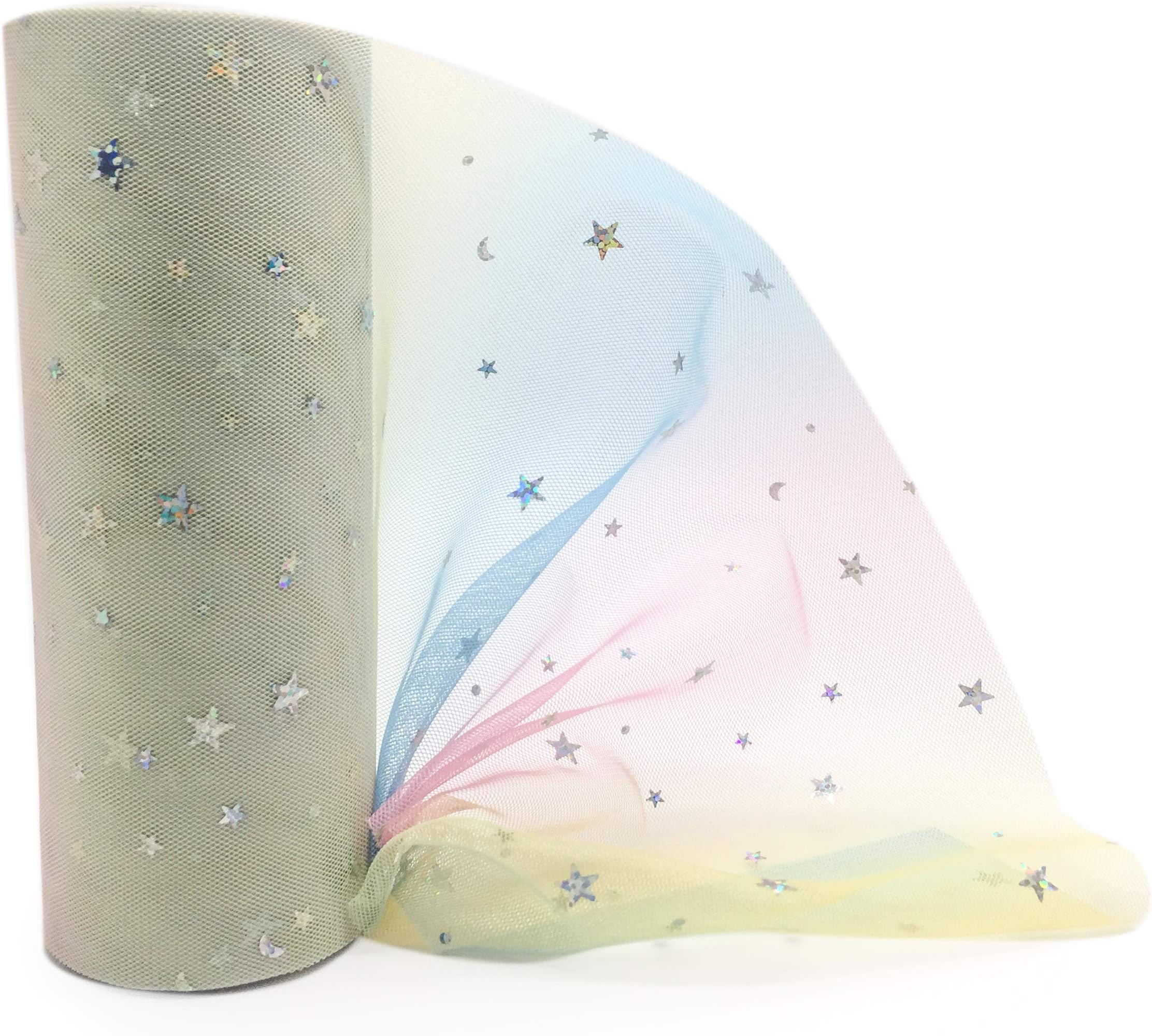 Craft Rainbow Sparkling Tulle Roll DIY Wedding Party Gift Bow Craft Sequin Fabric Spool Tutu Party Banquet Decor Gift Wrap 6" x 10Yards (Rainbow-Star Silver)