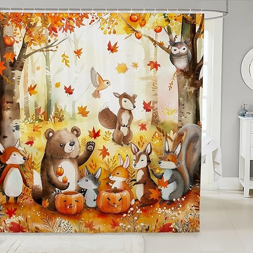 Miniatura 1 de Manfei Cortinas de ducha de animales de otoño con hojas de árbol de arce, cortinas de baño impermeables con 12 ganchos, trajes para bañera, cortinas