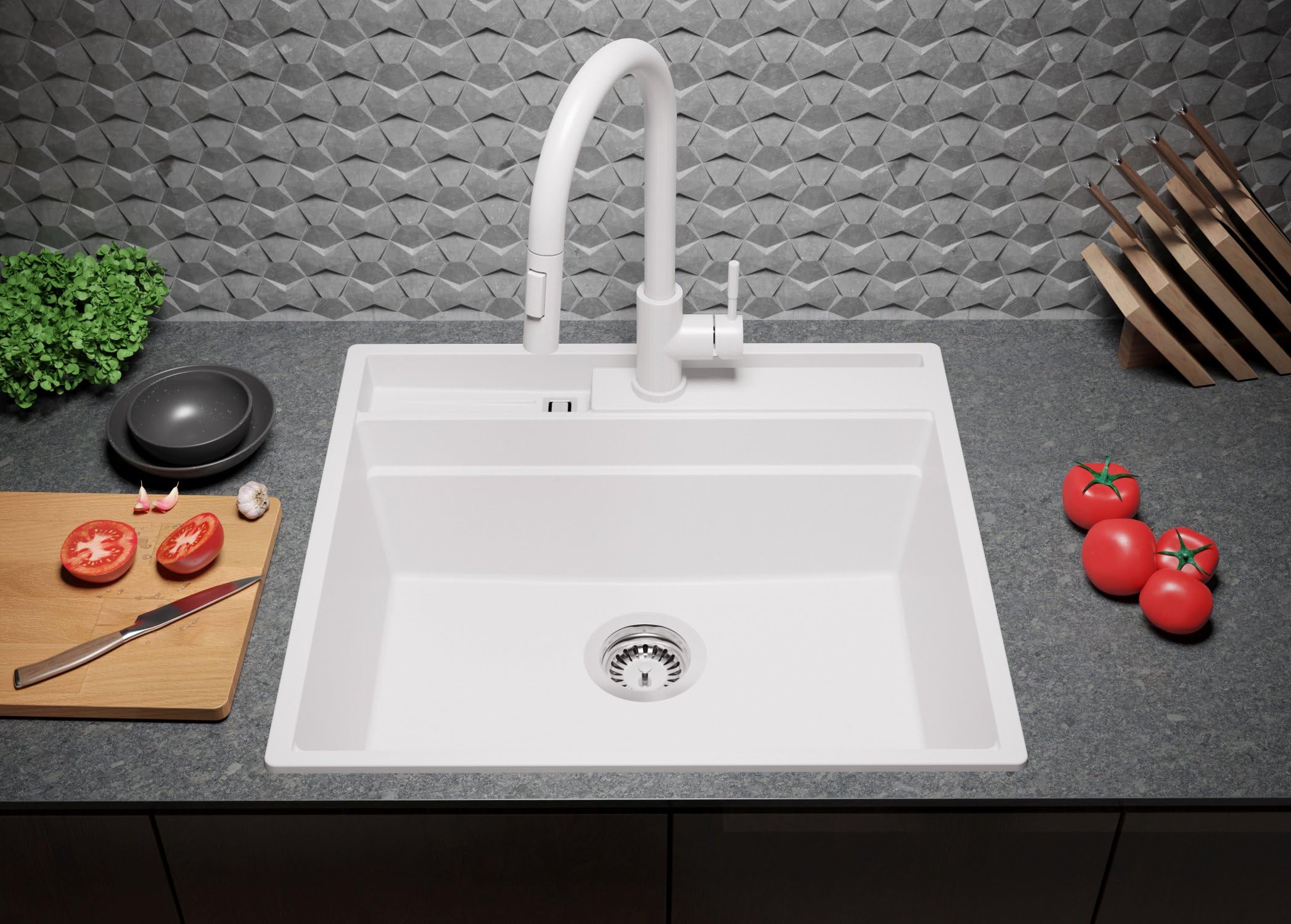PRIMAGRAN Evier Cuisine en Granit au Meuble 60cm + Kit de Vidage, 58x53cm