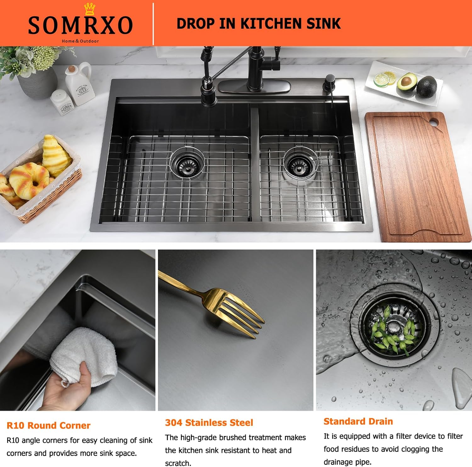 28x22 Inch Drop In Workstation Kitchen Sink,16 Gauge Black Stainless Steel - 60/40 Low-Divide Double Bowl, 28" x 22"