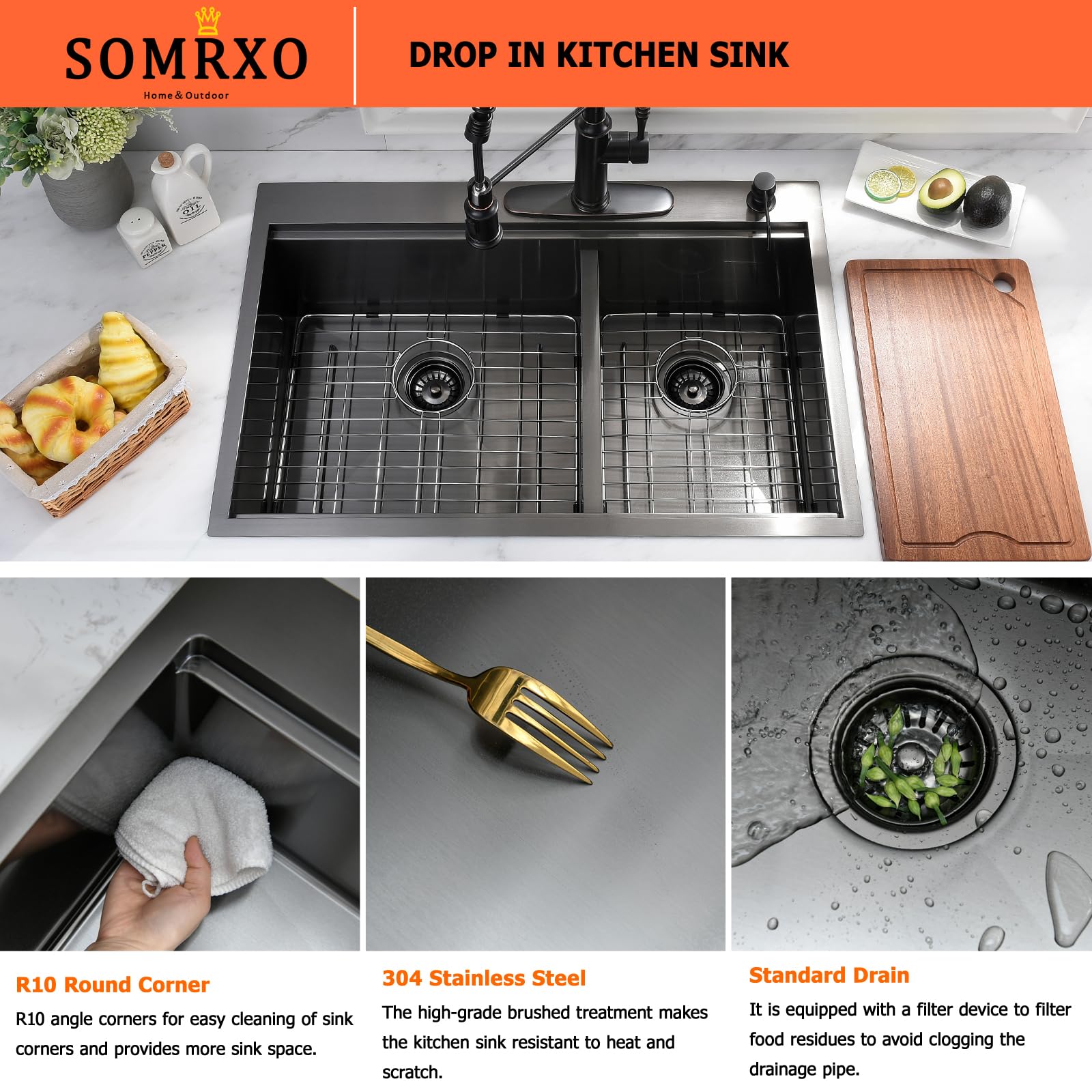 Snapklik.com : SOMRXO 30x22 Inch Drop In Kitchen Sink Workstation