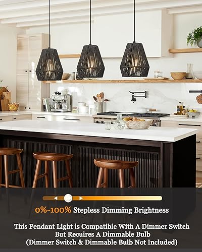 Miniatura 2 de ELYONA - Lámpara colgante tejida de 7 pulgadas, lámpara colgante costera de granja con pantalla de cesta de ratán negro mate tejida a mano, moderna