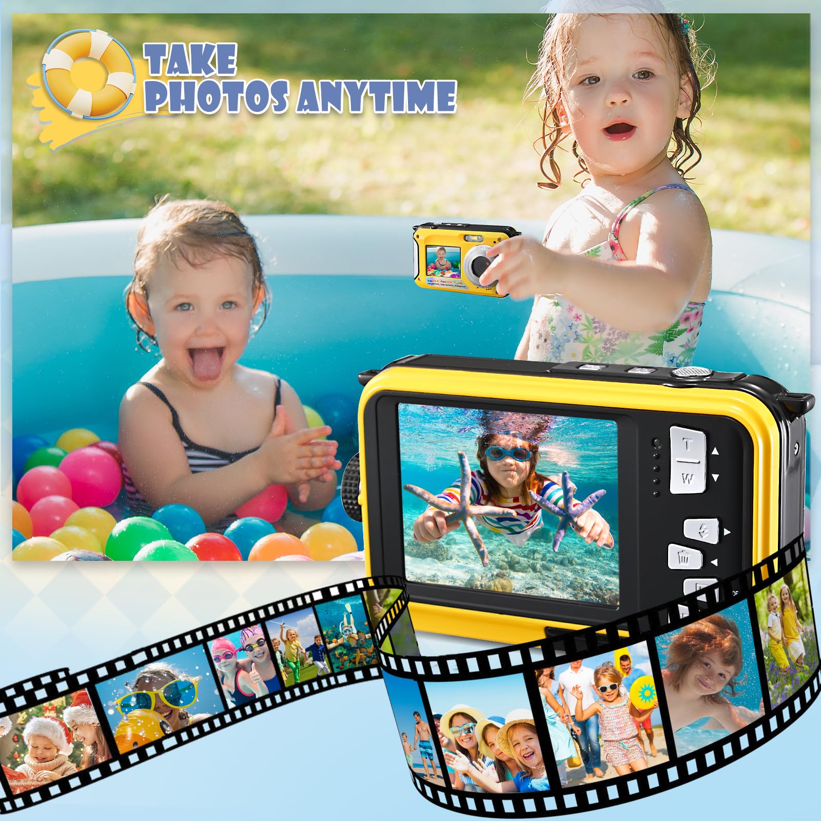Fotocamera Digitale Impermeabile,Couleeur Macchina Fotografica Subacquea Full HD 2.7K 48MP Doppio Schermo Anti-Shake con Microfono LED Autoscatto e Zoom Digitale 16X per Bambini Adolescenti(Giallo)