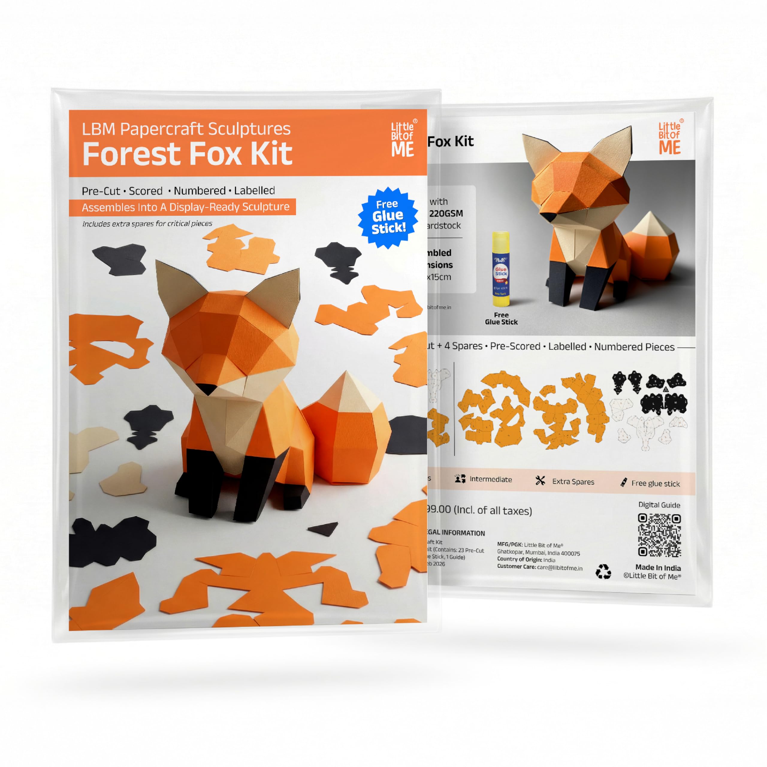 Little Bit of Me LBM Papercraft Sculpture Forest Fox Kit | 19 Pieces + 4 Spares | Premium 220 GSM Cardstock | Advanced 3D Paper Puzzle for Adults & Teens | Free Glue Stick-image-11