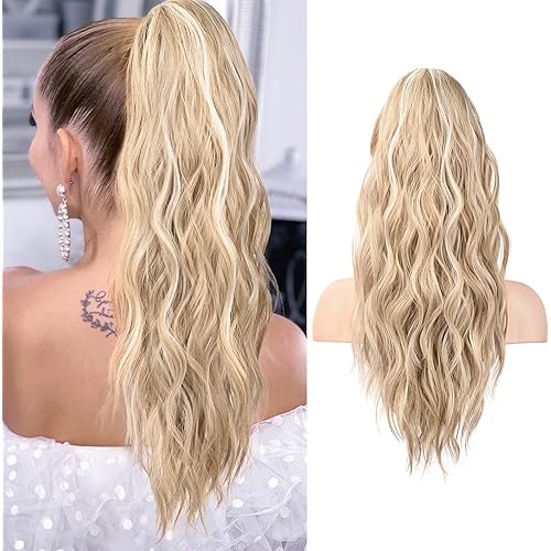 FLUFYMOOZ Ponytail Extension, 22 Inch Drawstring Ponytail Hair Extensions for Women， Long Curly Wavy Ponytail Natural Synthetic Hairpiece for Women (22 Inch Blonde with Blonde Highlights)